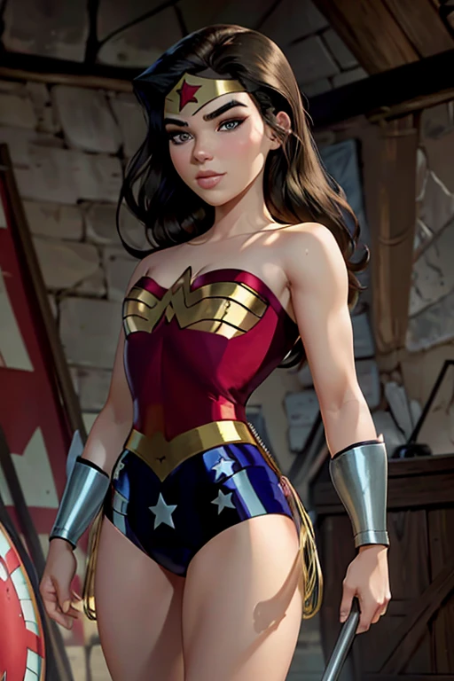 Realistic, Natural Beauty, Masterpiece, Hailee Steinfeld, Perfectly Accurate Face Proportion, Realistic Light Blue Eyes, Thick Eyebrows, Wonder Woman, Wonder Woman Tiara, Curve Wide Hips, Round Ass, Toned Thighs, Toned Arms, Grin On Her Face, Wonder Woman stands firmly with her shield in front. The tight suit outlines her powerful legs and the rounded shape of her buttocks. Her defensive posture, with one hand ready to draw her lasso, accentuates the snug fit of her suit, drawing attention to her athletic physique. Back view 