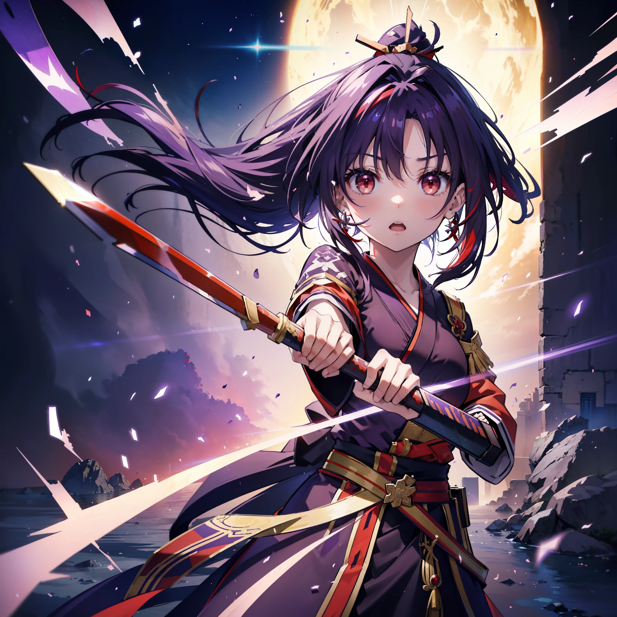 yuukikonno, Yuki Konno, hair band, Long Hair, Pointed Ears,ponytail, Purple Hair, (Red eyes:1.5), (Small breasts:1.2), Open your mouth,Purple Kimono,Red Hakama,boots,Japanese sword,Hold the sword grip in your hand,whole bodyがイラストに入るように,
break looking at viewer, whole body,
break outdoors, Medieval European streets,
break (masterpiece:1.2), highest quality, High resolution, unity 8k wallpaper, (shape:0.8), (Narrow and beautiful eyes:1.6), Highly detailed face, Perfect lighting, Highly detailed CG, (Perfect hands, Perfect Anatomy),