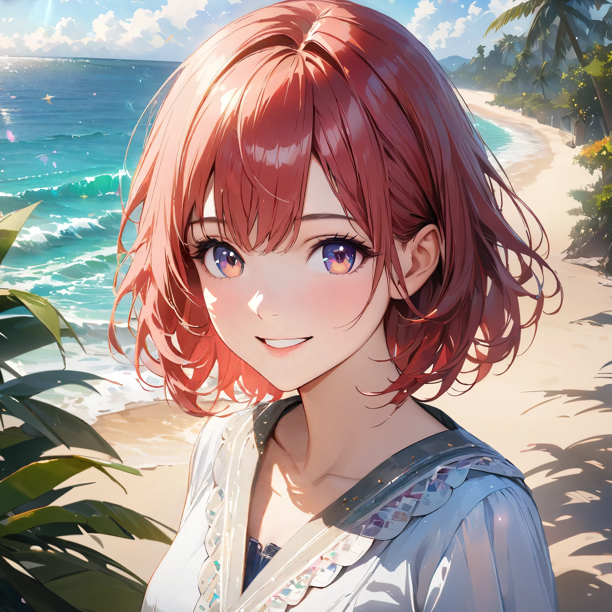 Sparkling sea and tropical ocean, Sunny sky with fluffy white clouds, Palm trees along the coast, Blur the background,Pleasant sea breeze,High school girls,Redhead Short Hair,smile,Glitter effect,highest quality, 4K, 8k, High resolution, masterpiece:1.2, Very detailed, Realistic:1.37, High resolution, 超High resolution, Ultra-fine painting, Sharp focus, Physically Based Rendering, Very detailedな説明, Professional, Vibrant colors