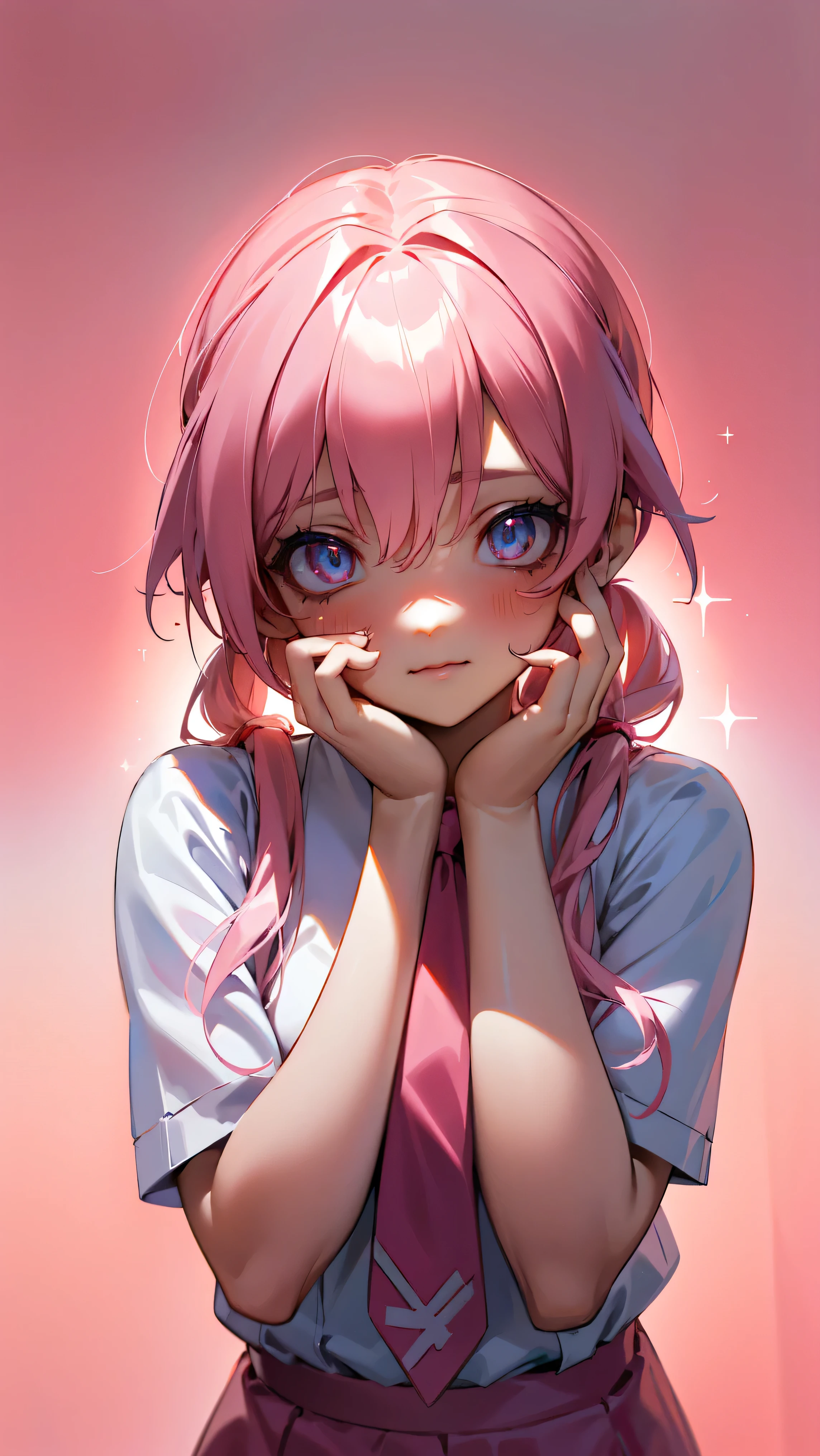 Gasai Juno, ((Best quality)), ((very detailed)), masterpiece, absurdity, (Pink hair),(Detailed eyes, dark red eyes), (1 Girl), yandere trance, yandere, hands on your own face, hands on your own cheeks, shaded face, ((sparkling eyes)), Pink hair, White shirt, pink necktie, blue short skirt, BREAK (masterpiece:1.2), Best quality, a high resolution, unity 8k wallpaper, (illustration:0.8), (beautiful Detailed eyes:1.6), very detailed face, Ideal lighting, extremely detailed computer graphics, (Perfect hands, perfect anatomy),