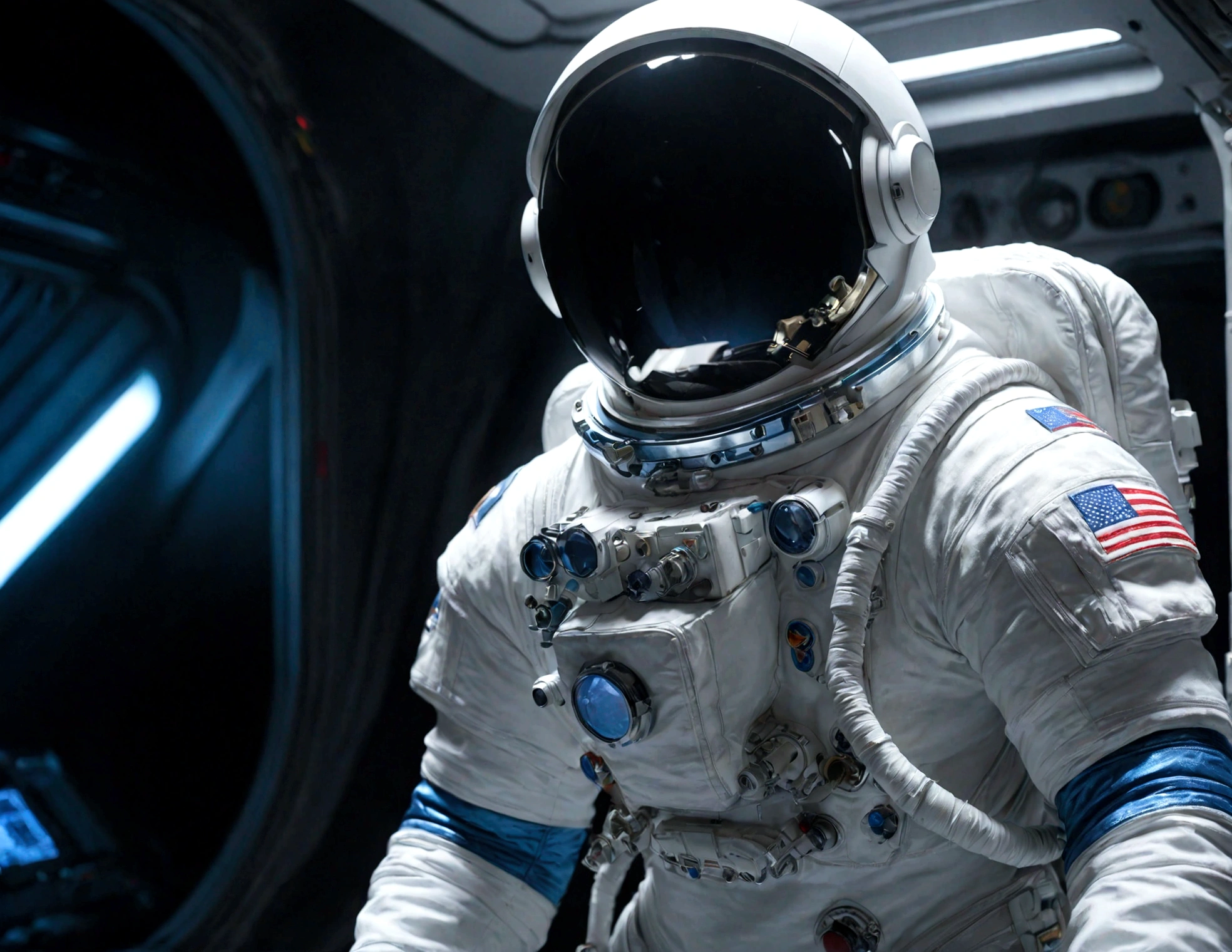 The astronaut is a 30-year-old man.., white and blue metallic clothing ...