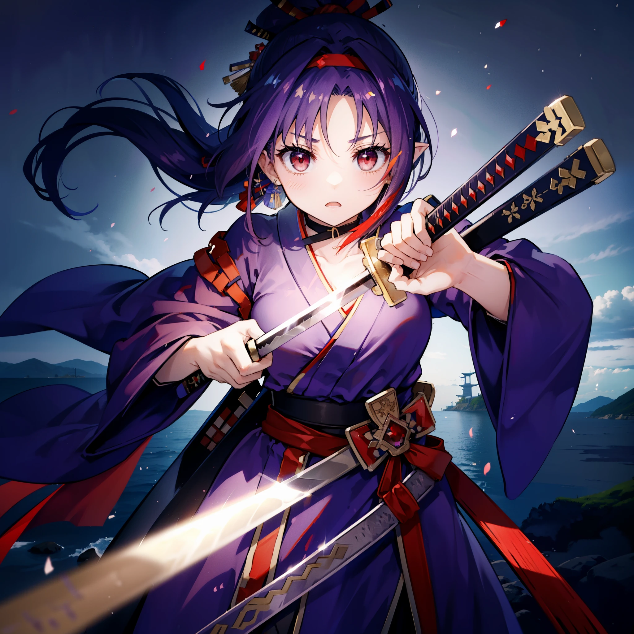 yuukikonno, Yuki Konno, hair band, Long Hair, Pointed Ears,ponytail, Purple Hair, (Red eyes:1.5), (Small breasts:1.2), Open your mouth,Purple Kimono,Red Hakama,boots,Japanese sword,Hold the sword grip in your hand,whole bodyがイラストに入るように,
break looking at viewer, whole body,
break outdoors, Medieval European streets,
break (masterpiece:1.2), highest quality, High resolution, unity 8k wallpaper, (shape:0.8), (Narrow and beautiful eyes:1.6), Highly detailed face, Perfect lighting, Highly detailed CG, (Perfect hands, Perfect Anatomy),