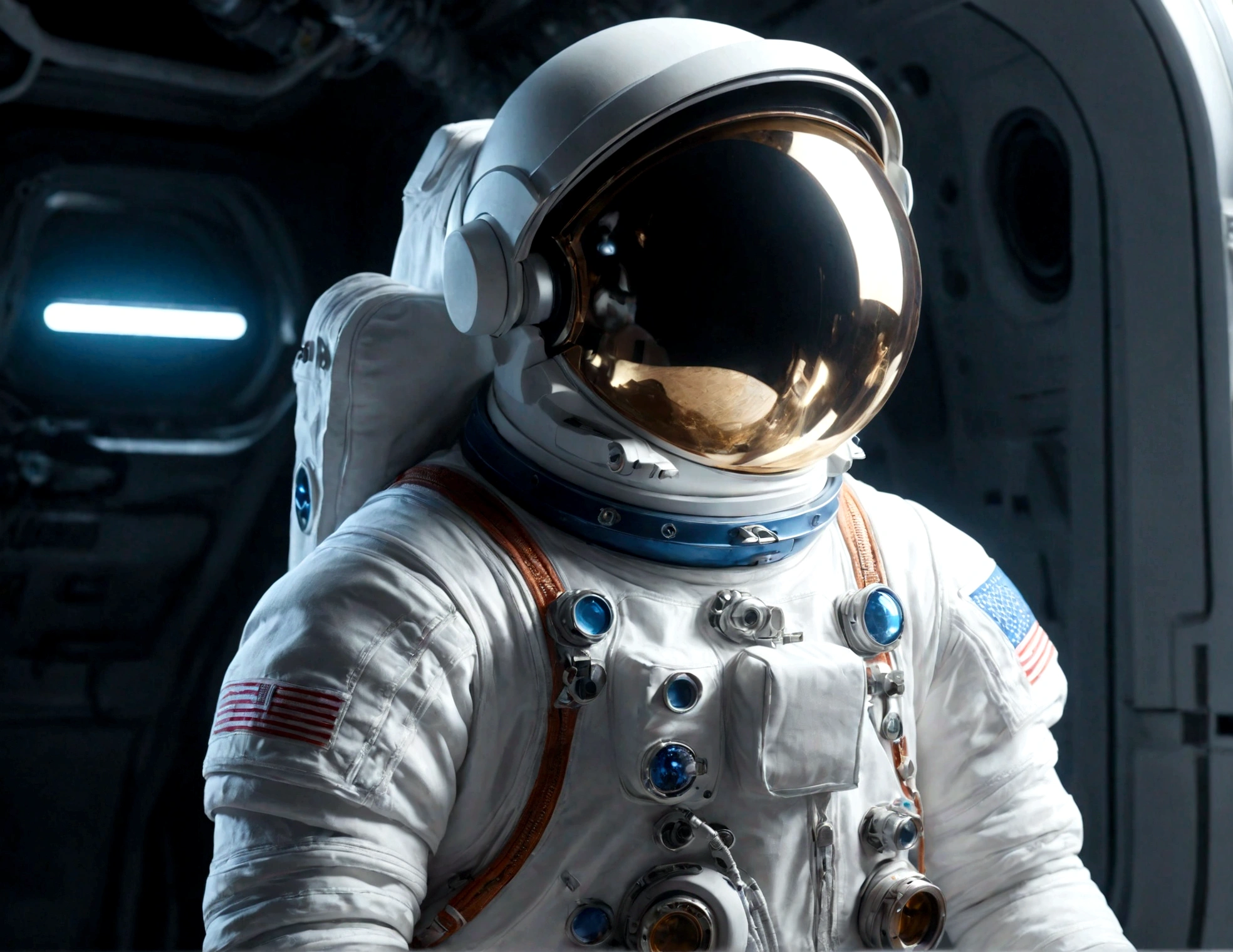Der Astronaut ist ein 30-jähriger Mann.., weiße und blaue Metallic-Kleidung, filmisch, Bild 촬영, Halbe Hintergrundbeleuchtung, Hintergrundbeleuchtung, dramatische Beleuchtung , Glühlampenlicht, sanfte Beleuchtung, unglaublich detailliert und komplex, hyper maximalist, Kunst, elegante pose, dynamisch, Bild, Volumen , Sehr detailiert, komplizierte Details, Gwise의 Sehr detailiert 걸작, zukünftige Umwelt