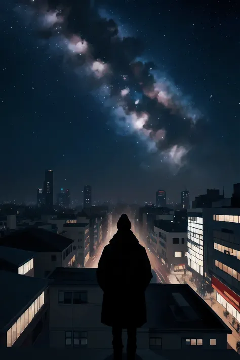 A person overlooking a street with people on it from the top of a building. No faces. Starry, smoky, and powdered (all minimal) ...