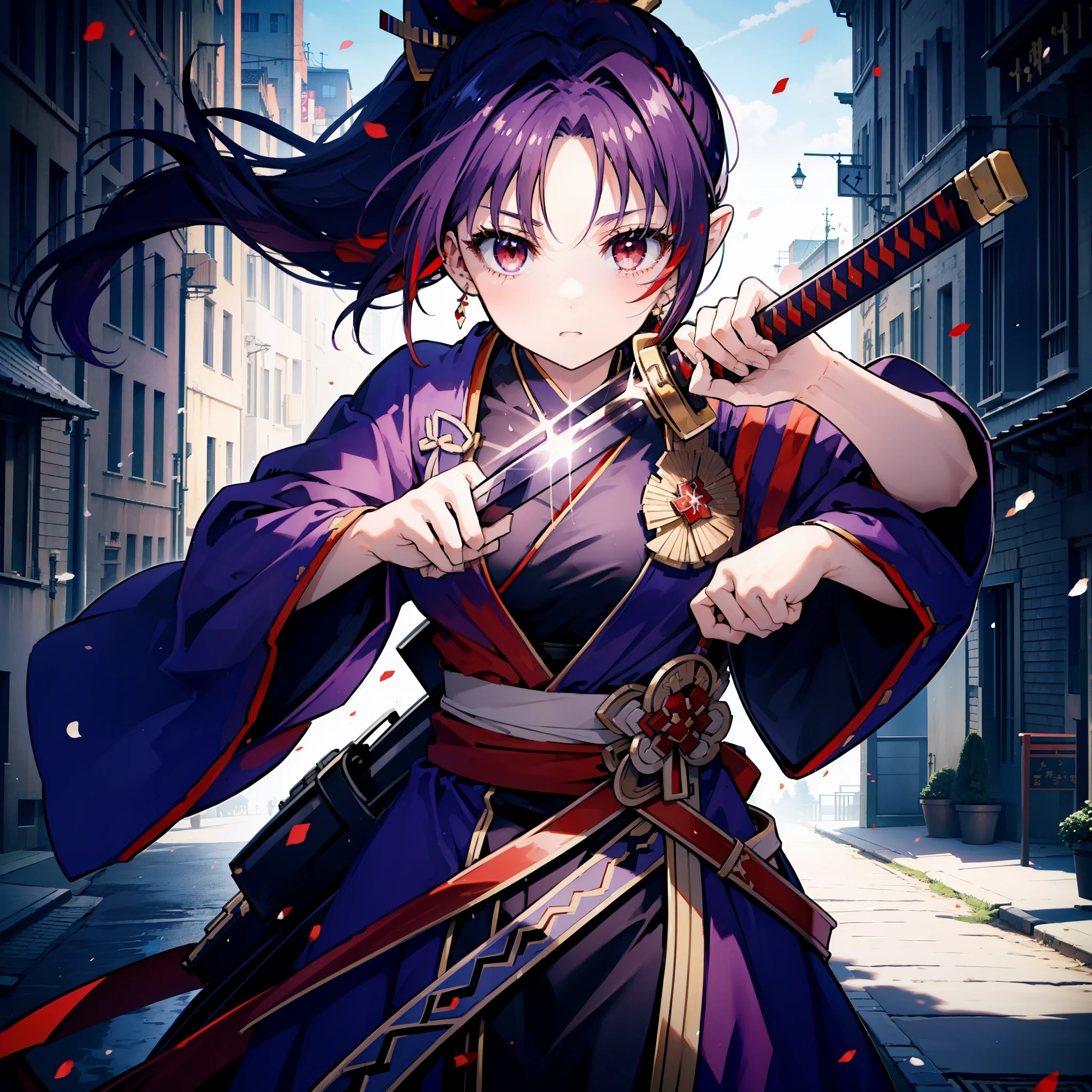 yuukikonno, Yuki Konno, hair band, Long Hair, Pointed Ears,ponytail, Purple Hair, (Red eyes:1.5), (Small breasts:1.2), Open your mouth,Purple Kimono,Red Hakama,boots,Japanese sword,Hold the sword grip in your hand,whole bodyがイラストに入るように,
break looking at viewer, whole body,
break outdoors, Medieval European streets,
break (masterpiece:1.2), highest quality, High resolution, unity 8k wallpaper, (shape:0.8), (Narrow and beautiful eyes:1.6), Highly detailed face, Perfect lighting, Highly detailed CG, (Perfect hands, Perfect Anatomy),