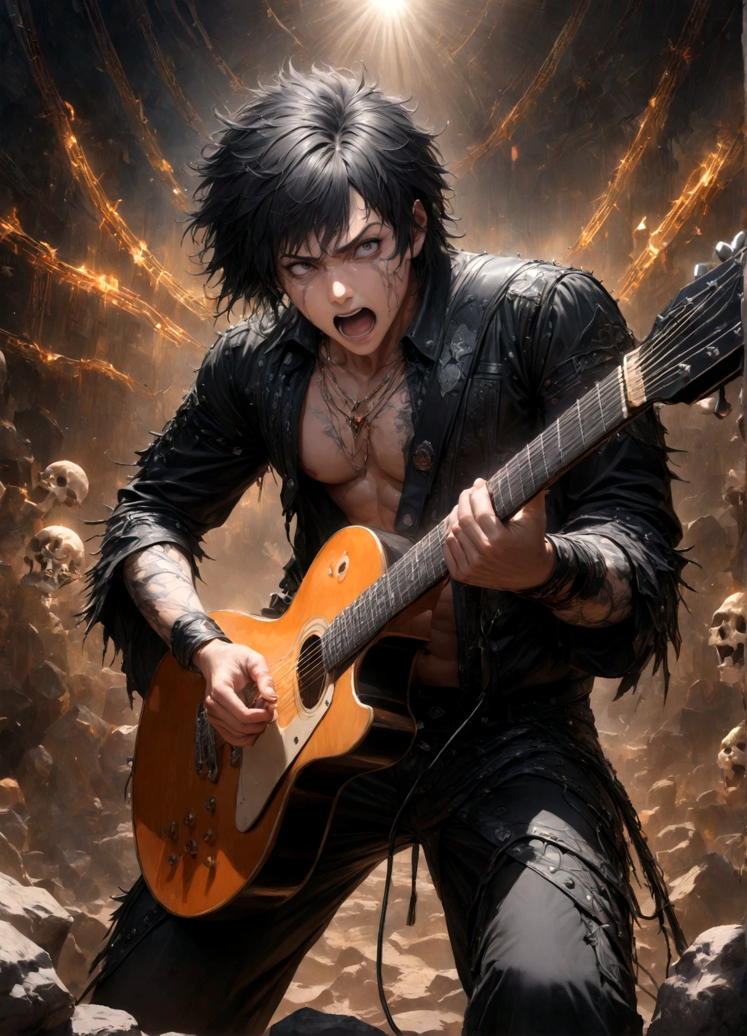 1 male,close up shot,focus on men,moderately muscular,The man is a guitarist and vocalist in a rock band.,neutral black short hair,the man is facing forward,A man is playing a black electric guitar,(masculine face),The man looks like he's half yellow and half white.,((Singing as if screaming: 1.3)),photoreal,Black rock musician costume details,angry face,suffering,sorrow,anatomically correct,(masterpiece:1.3),(highest quality:1.4),(ultra detailed:1.5),High resolution,extremely detailed,unity 8k wallpaper,draw artistic background,(Draws an abstract and decadent image in the dark,with a large number of gray skeletons and colorful musical notes),(Please vary the size of the notes to create a sense of perspective),beautiful light and shadow,This image is a rock music poster,Please draw the man carefully and intricately.,dark fantasy,intricate details,unbelievably absurd,energetic,rock,cool,punk rock or hardcore music,concert venue lighting,BREAK,Black rock musician costume details,(masterpiece:1.3),(highest quality:1.4),(ultra detailed:1.5)