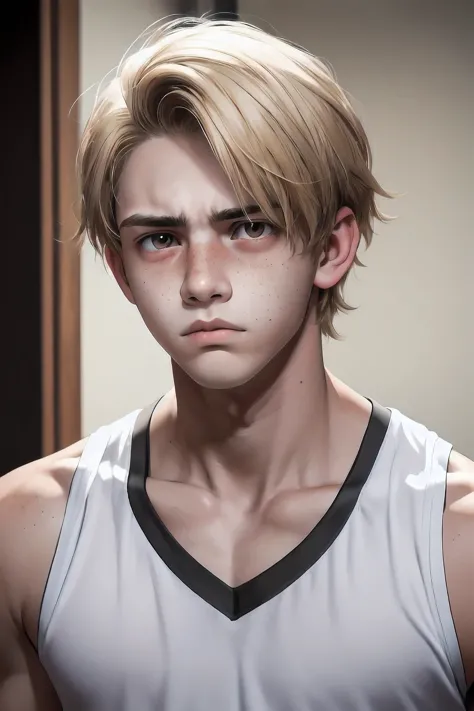 photo of a 20 years old boy with brown eyes, blonde hair, deeply depressed expression, with some freckles, fit strong body