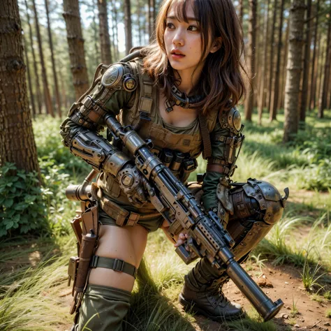 8k, real photo, realistic skin texture, super realism, (wwii era), (mechanical suit), steampunk, beautiful forest through trees,...