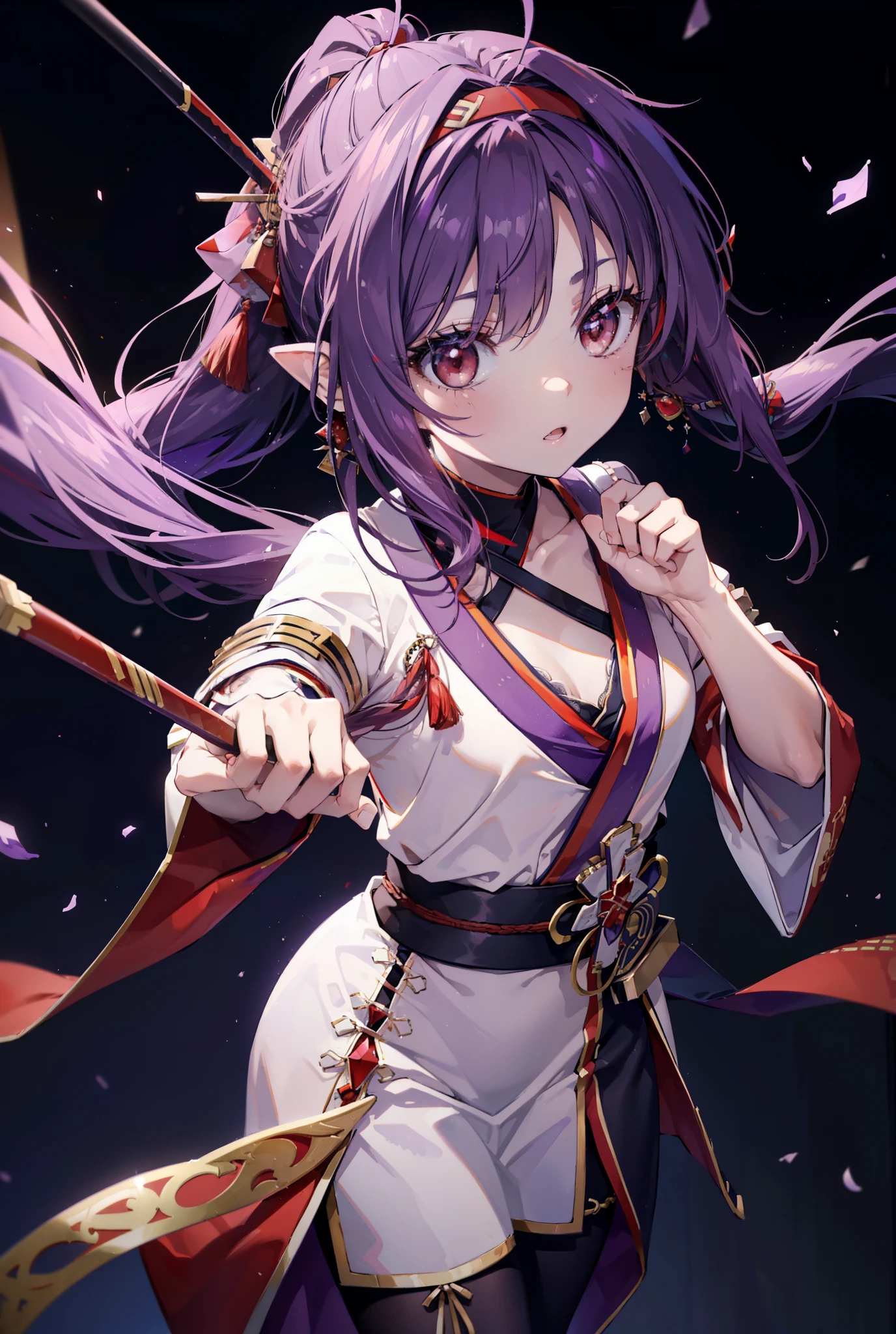 Yuukikonno, Yuki Konno, bandeau pour cheveux, cheveux longs, oreilles pointues,queue de cheval, cheveux violets, (les yeux rouges:1.5), (Petits seins:1.2), Ouvrez la bouche,kimono violet,Rouge aussi,bottes,Épée du Japon 1:1 Tenez la poignée dans votre main,
casser looking at viewer, Haut du corps, tout le corps,
casser outdoors, Rues européennes médiévales,
casser (chef-d&#39;œuvre:1.2), la plus haute qualité, haute résolution, unité 8k fond d&#39;écran, (forme:0.8), (Yeux étroits et beaux:1.6), Visage très détaillé, éclairage parfait, CG très détaillé, (des mains parfaites, Anatomie parfaite),