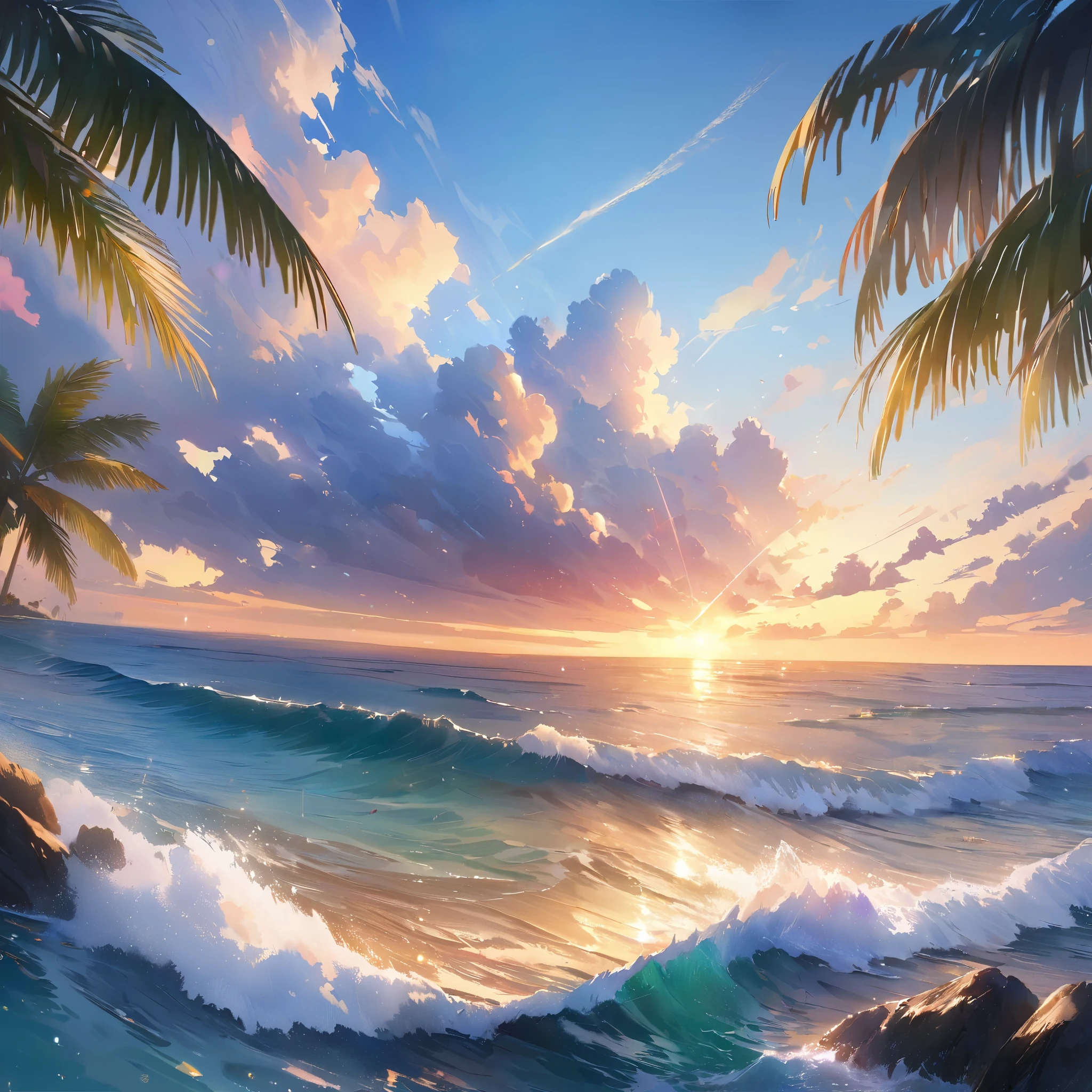 Sparkling sea and tropical ocean, Sunny sky with fluffy white clouds, Palm trees along the coast, Blur the background,Pleasant sea breeze,High school girls,Redhead Hair,smile,Glitter effect,highest quality, 4K, 8k, High resolution, masterpiece:1.2, Very detailed, Realistic:1.37, High resolution, 超High resolution, Ultra-fine painting, Sharp focus, Physically Based Rendering, Very detailedな説明, Professional, Vibrant colors