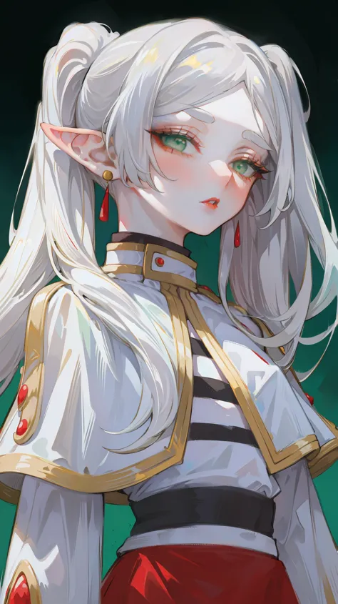 Standing with upper body, Honey, Solitary, (solo), Fair skin, Long gray hair, Double ponytail hairstyle, (Elf ears), Green Eyes,...