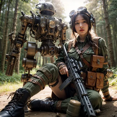 8k, real photo, realistic skin texture, super realism, (wwii era), (mechanical suit), steampunk, beautiful forest through trees,...