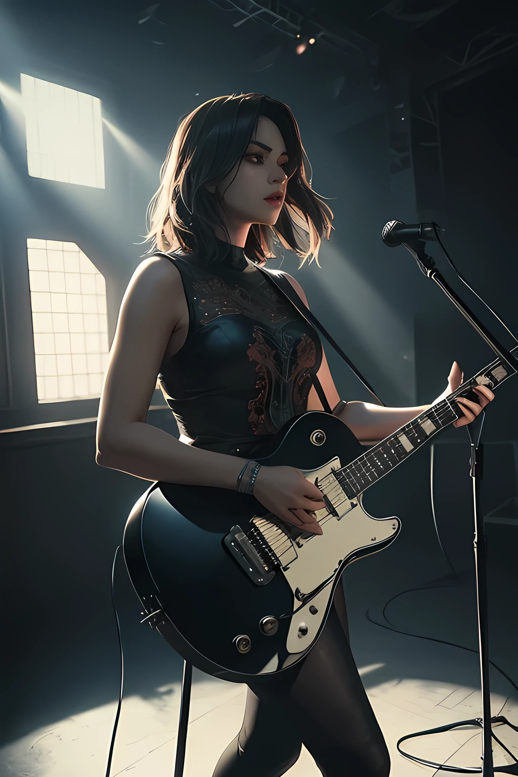 A guitarist performing on stage, detailed face, beautiful eyes, detailed fingers playing guitar, intricate guitar details, dramatic lighting, cinematic composition, moody colors, epic scale, photorealistic, masterpiece, hyperdetailed, 8k