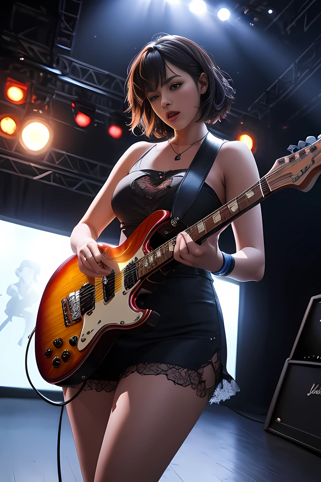 エレキギターを弾く才能あるギタリスト, 写実的な, 非常に詳細な, 複雑な, 映画照明, 劇的な影, 鮮やかな色彩, 楽器, ステージパフォーマンス, ミュージシャンの手と表現に焦点を当てる, 背景の群衆, スタジオ照明, 非常に詳細な, 最高品質, 8K, 高解像度