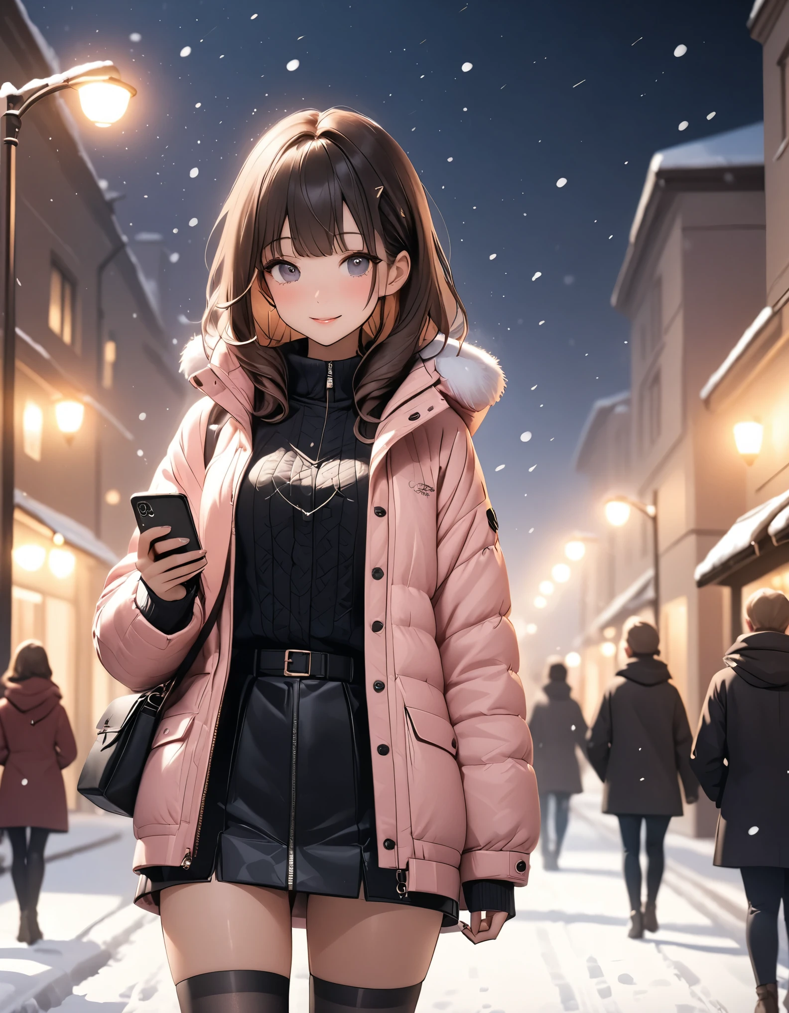 Beautiful woman, street lights at night, Fiddling with smartphones, Hot Pants,  pink, snow, snowing, Passersby, night gradient, fine details, Subtle tones, There is a sense of tranquility in the picture. Bokeh, stockings
