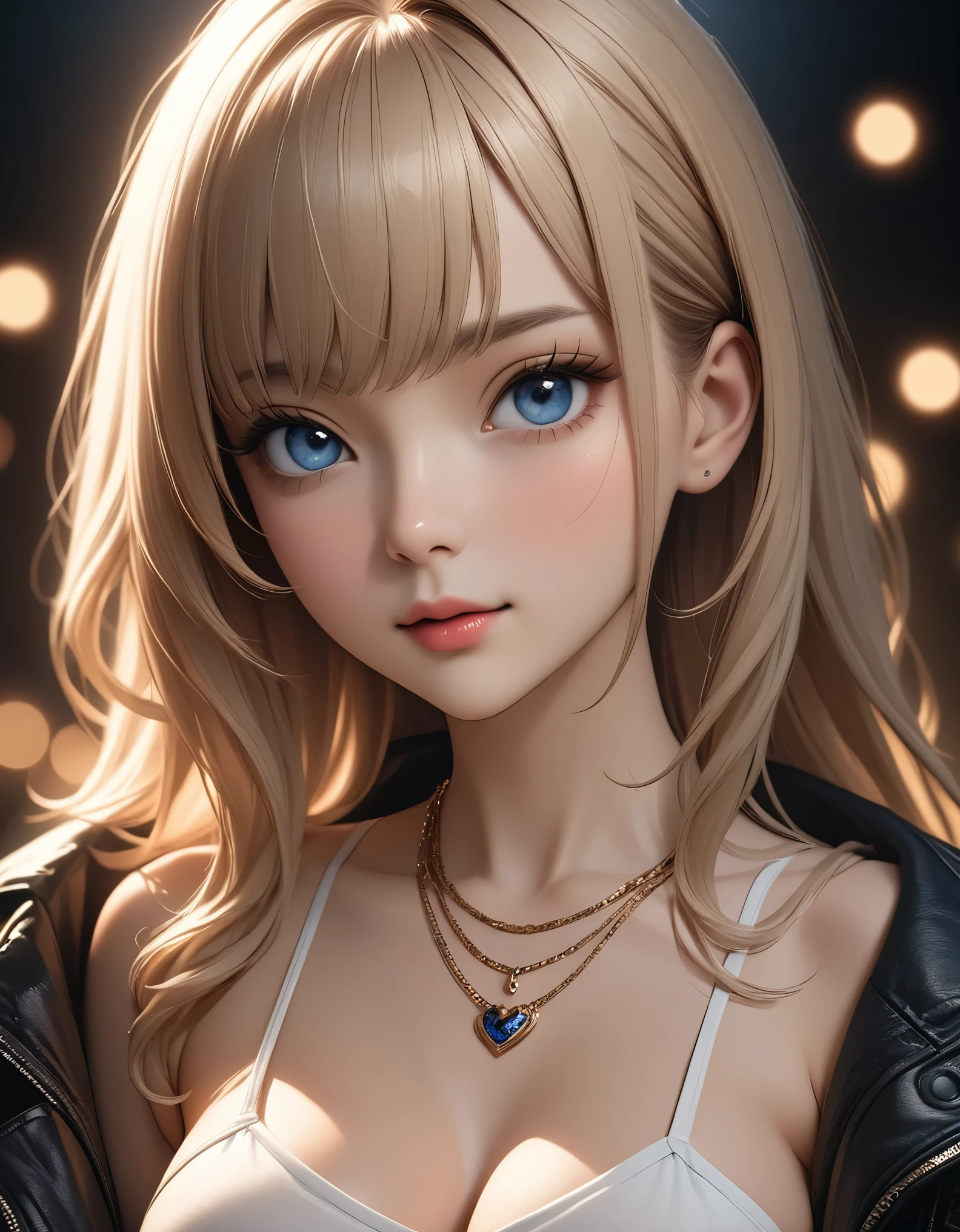 best quality, masterpiece, high resolution, A girl, blonde, Blue eyes, fashion clothing, necklace, jewelry, Pretty Face, Perfect breasts, more than_Body, Tyndall effect, lifelike, Dark Studio, Side lighting, Two-color lighting, (HD Skin:1.2), 8k Ultra HD, Soft Light, high quality, Volumetric Lighting, frank, photography, high resolution, 8k, Bokeh, short depth of field,,