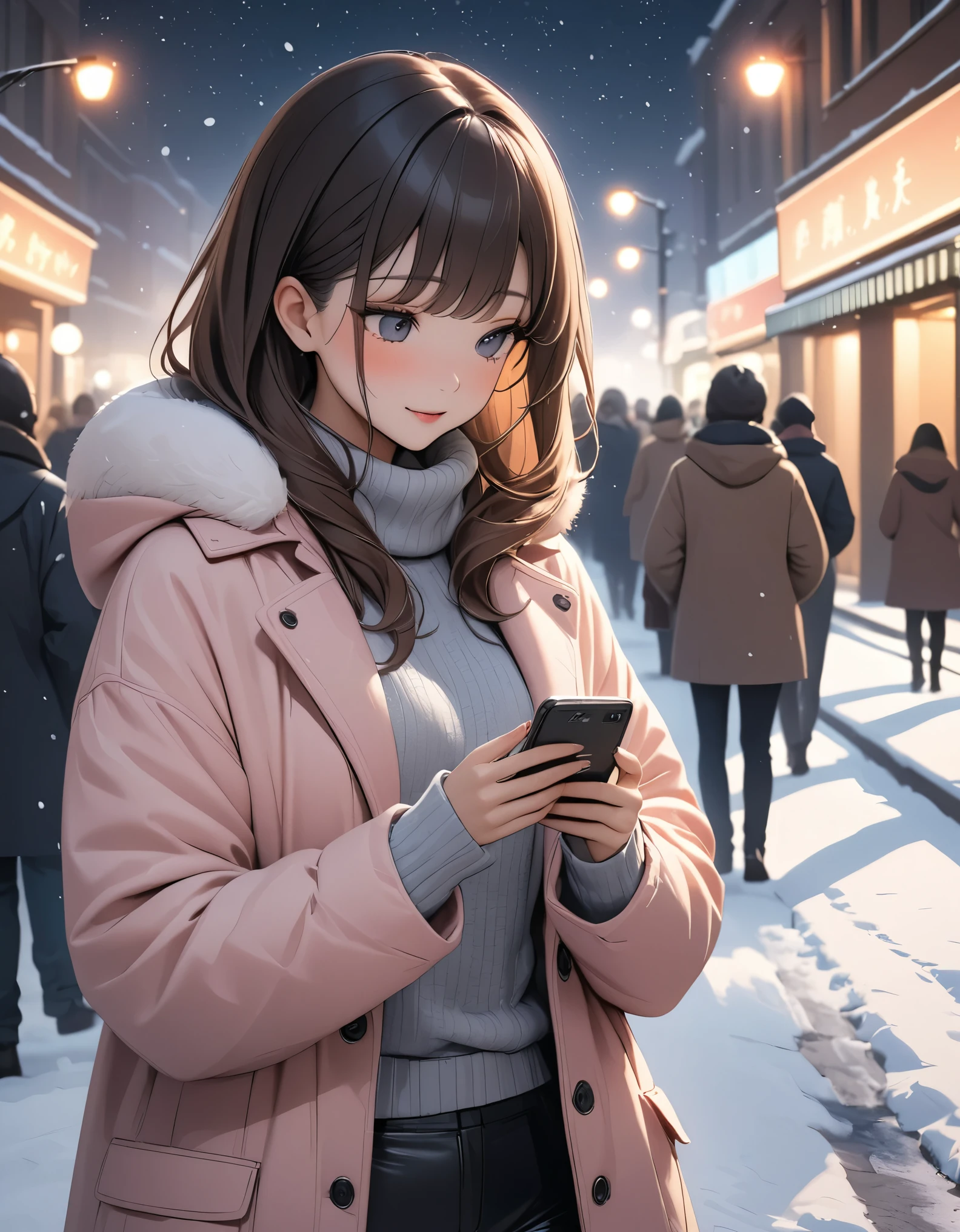 Beautiful woman, street lights at night, Fiddling with smartphones, Hot Pants,  pink, snow, snowing, Passersby, night gradient, fine details, Subtle tones, There is a sense of tranquility in the picture.  