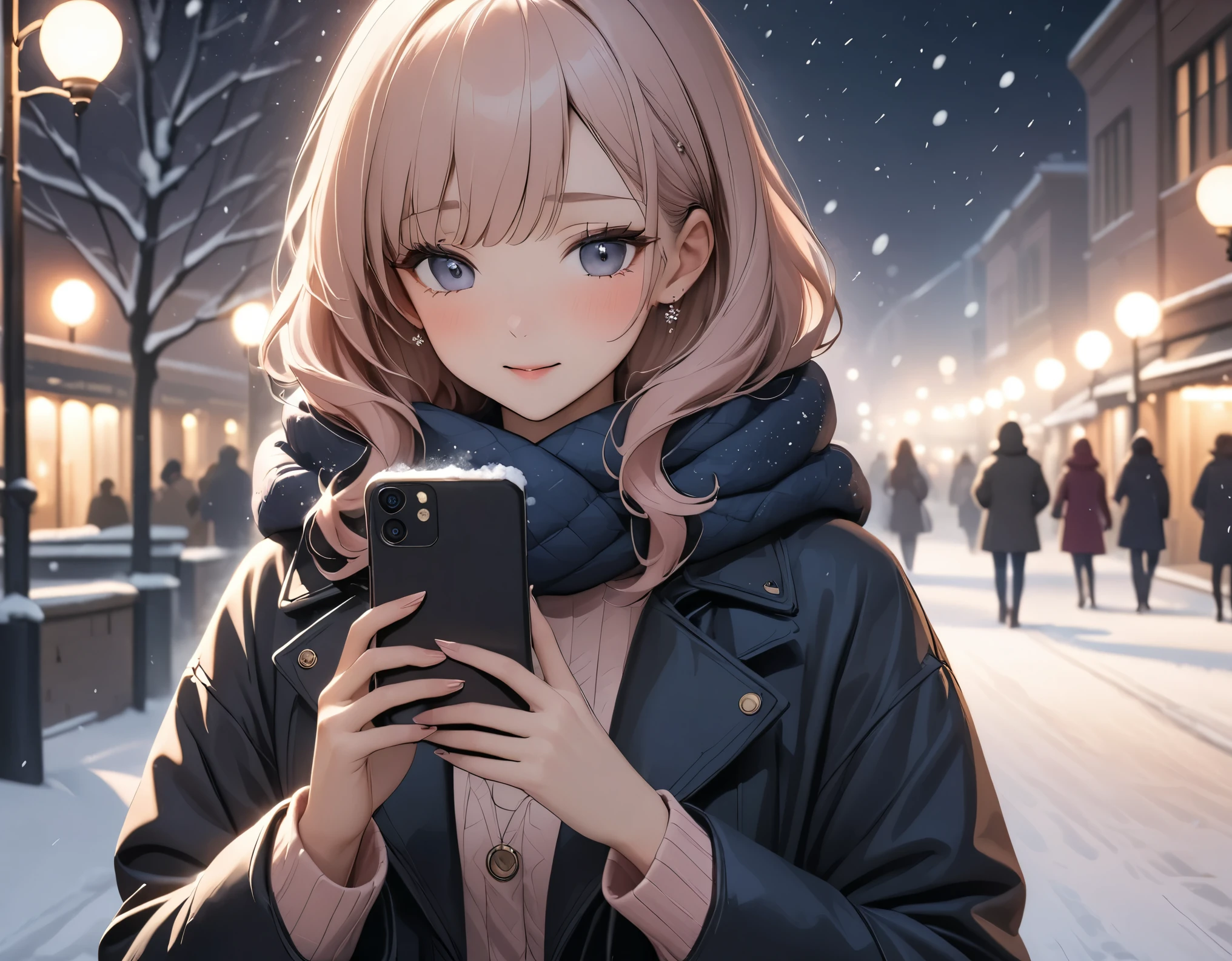 Beautiful woman, street lights at night, Fiddling with smartphones, Hot Pants,  pink, snow, snowing, Passersby, night gradient, fine details, Subtle tones, There is a sense of tranquility in the picture.  