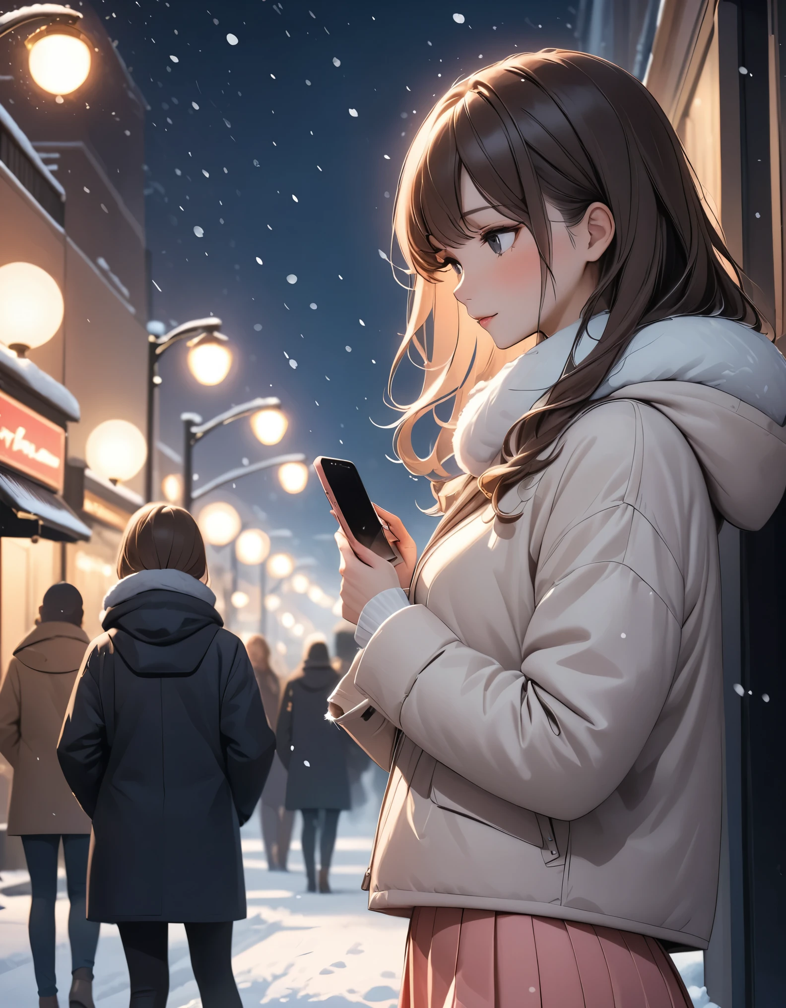 きれいな女性, 夜の街灯, スマートフォンをいじる, ホットパンツ,  ピンク, 雪, 雪ing, 通行人, 夜のグラデーション, 細かいディテール, 微妙なトーン, 写真には静けさが感じられる.  