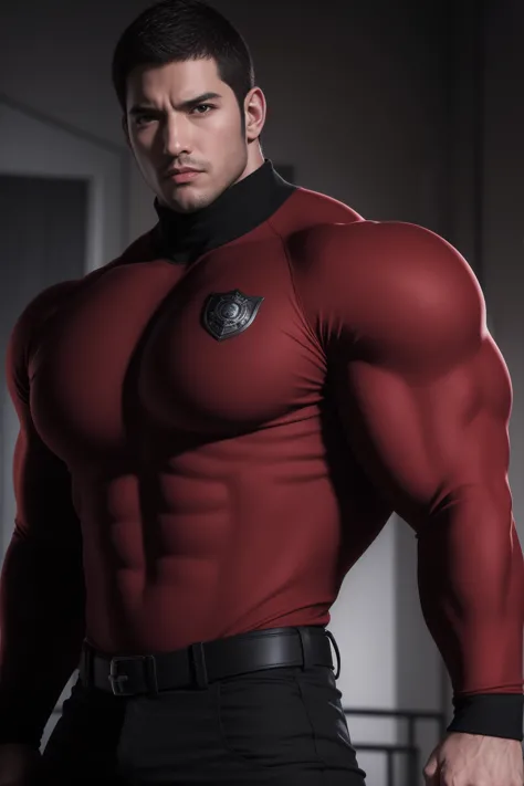 super muscular man,  open mouth and scream，buzz cut，in a luxurious and noble mansion, wear a long-sleeved red and black collar t...