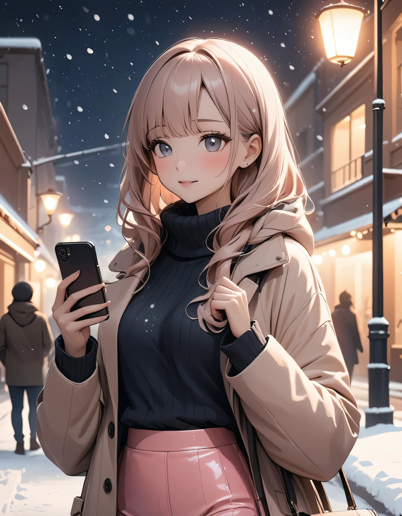 Beautiful woman, street lights at night, Fiddling with smartphones, Hot Pants,  pink, snow, snowing, Passersby, night gradient, fine details, Subtle tones, There is a sense of tranquility in the picture.  