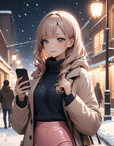Beautiful woman, street lights at night, Fiddling with smartphones, Hot Pants,  pink, snow, snowing, Passersby, night gradient, ...