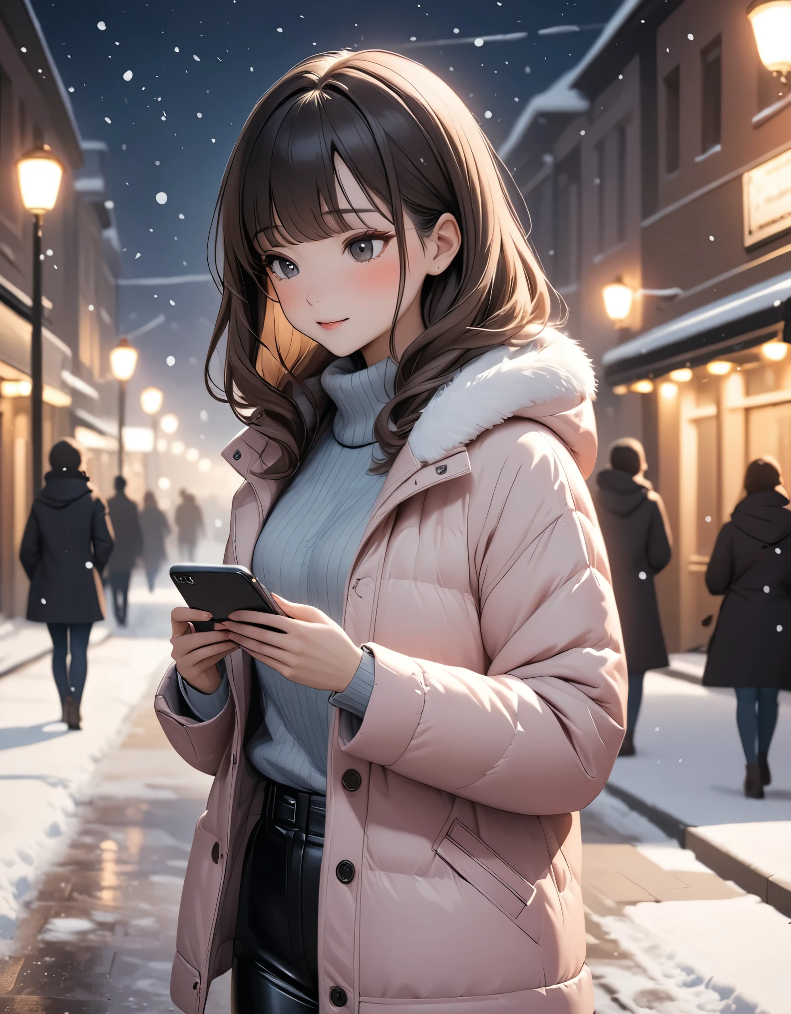 Beautiful woman, street lights at night, Fiddling with smartphones, Hot Pants,  pink, snow, snowing, Passersby, night gradient, fine details, Subtle tones, There is a sense of tranquility in the picture.  