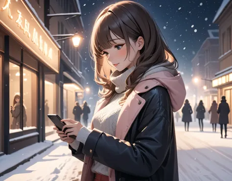 Beautiful woman, street lights at night, Fiddling with smartphones, Hot Pants,  pink, snow, snowing, Passersby, night gradient, ...