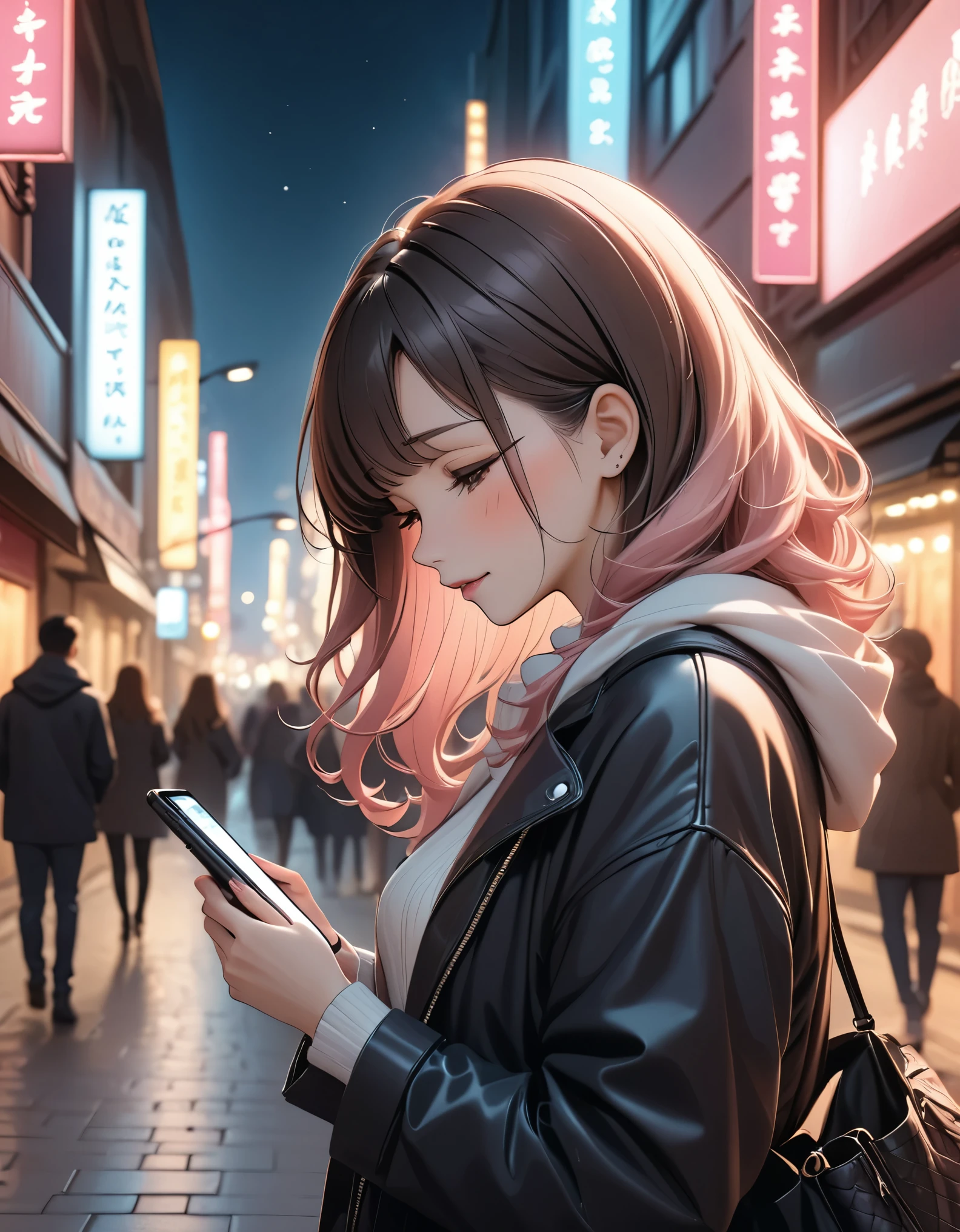 Beautiful woman, street lights at night, Fiddling with smartphones, Hot Pants, Fragrant pink flowers, Passersby, night gradient, fine details, Subtle tones, There is a sense of tranquility in the picture.  