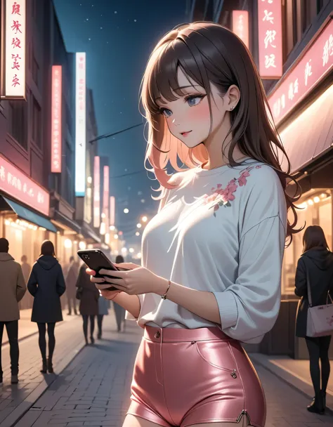 Beautiful woman, street lights at night, Fiddling with smartphones, Hot Pants, Fragrant pink flowers, Passersby, night gradient,...
