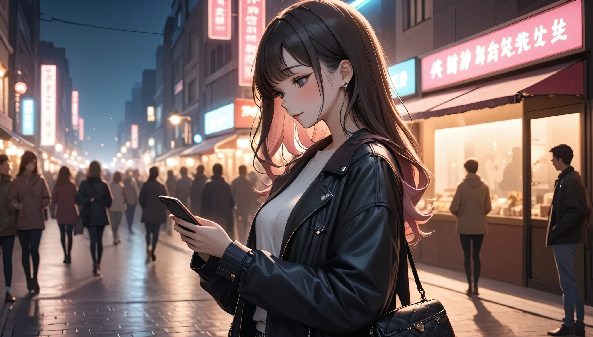 Beautiful woman, street lights at night, Fiddling with smartphones, Hot Pants, Fragrant pink flowers, Passersby, night gradient, fine details, Subtle tones, There is a sense of tranquility in the picture.  