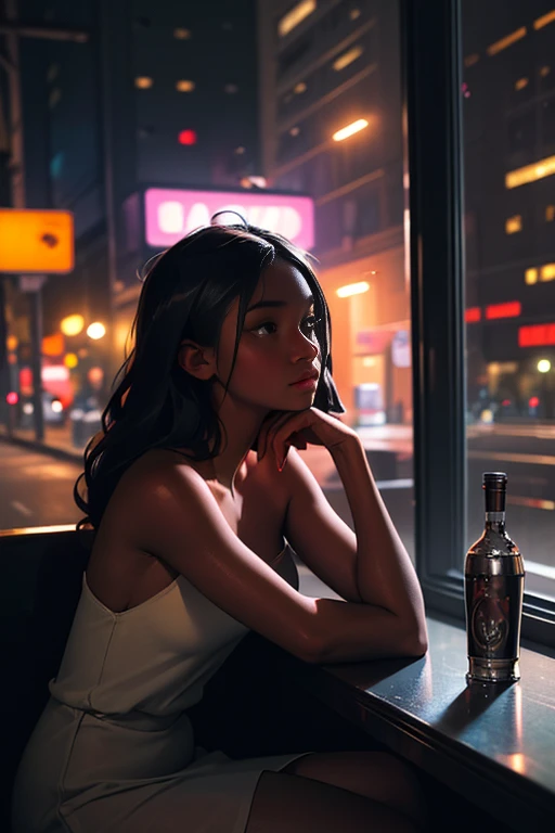 ((masterpiece, Best quality, ultra detailed, ultra high resolution)), ((night)), (Distant), chiaroscuro, a bottle of vodka and a faceted glass on the table, in room, just concentrate, throw, (through the window), (arm rest), 1 beautiful naked woman,(dark skin), Black skin, black nose, full lips, facing away, black hair, long hair, unfocused, sitting, (looking), street space, neon lights, particles, glowing dark brown eyes, twilight, faded gray tones, high quality textures, high detail 