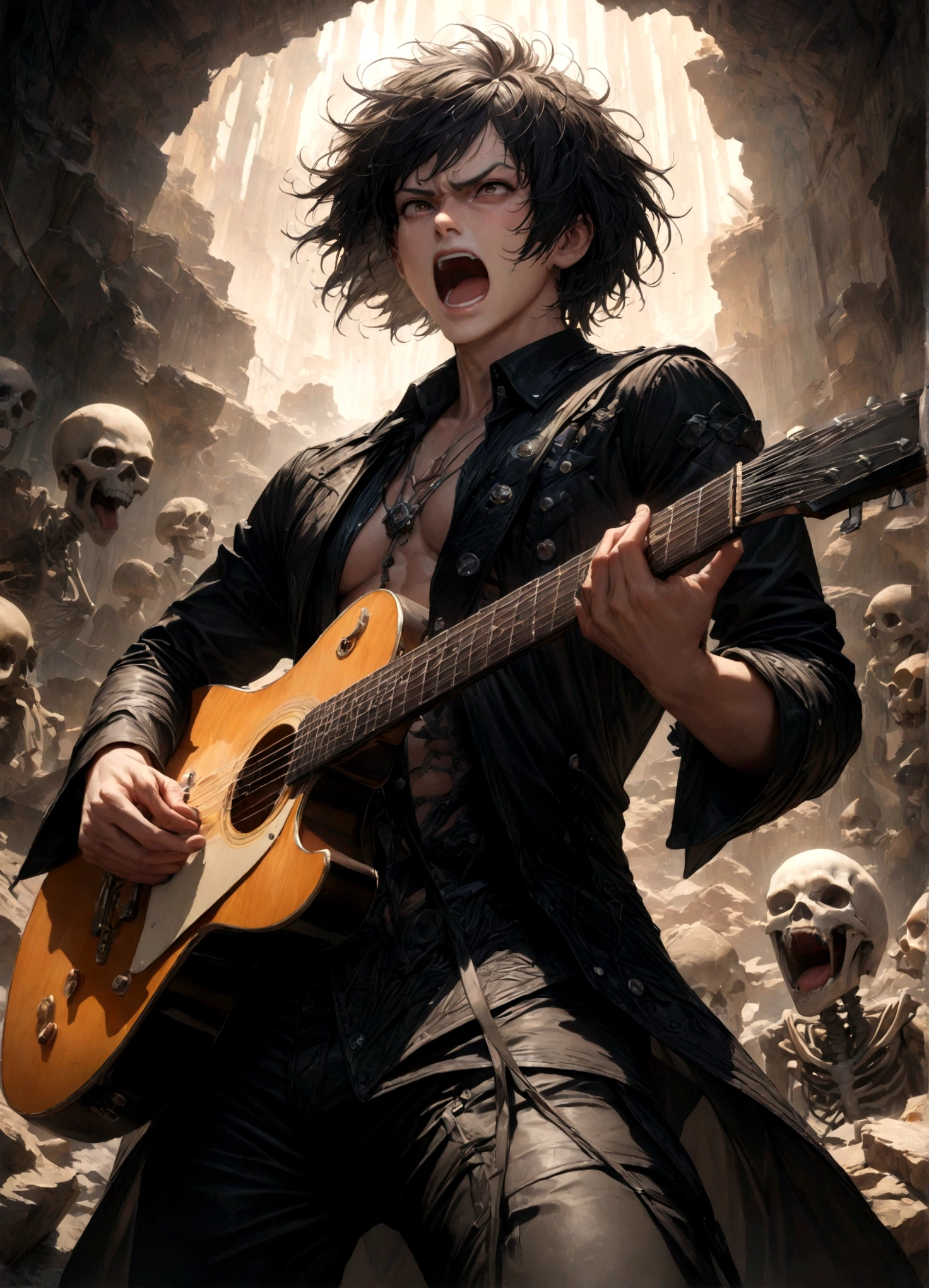 1 male,close up shot,focus on men,moderately muscular,The man is a guitarist and vocalist in a rock band.,neutral black short hair,the man is facing forward,A man is playing a black electric guitar,(masculine face),The man looks like he's half yellow and half white.,((Singing as if screaming: 1.3)),photoreal,Black rock musician costume details,angry face,suffering,sorrow,anatomically correct,(masterpiece:1.3),(highest quality:1.4),(ultra detailed:1.5),High resolution,extremely detailed,unity 8k wallpaper,draw artistic background,(Draws an abstract and decadent image in the dark,with a large number of gray skeletons and colorful musical notes),(Please vary the size of the notes to create a sense of perspective),beautiful light and shadow,This image is a rock music poster,Please draw the man carefully and intricately.,dark fantasy,intricate details,unbelievably absurd,energetic,rock,cool,punk rock or hardcore music,concert venue lighting,BREAK,Black rock musician costume details,(masterpiece:1.3),(highest quality:1.4),(ultra detailed:1.5)