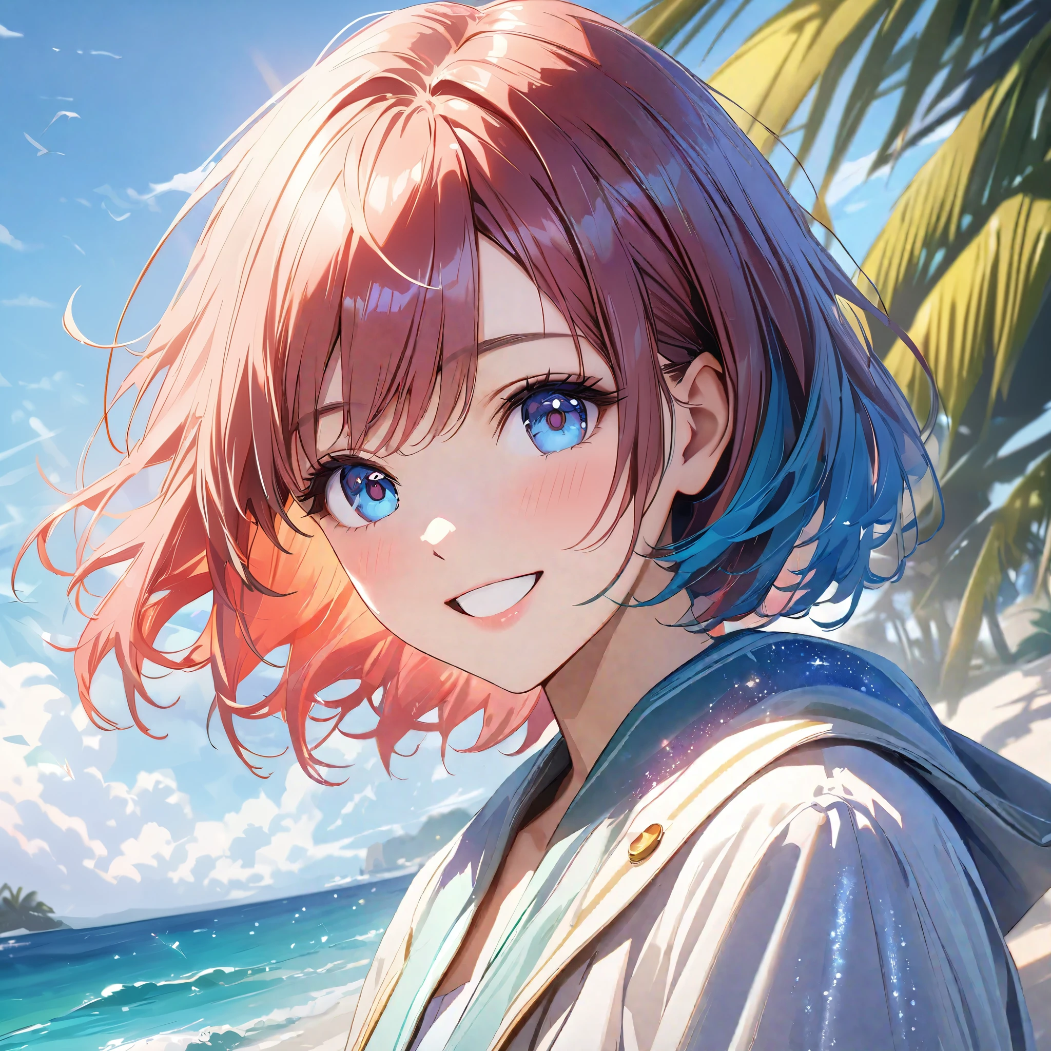 Sparkling sea and tropical ocean, Sunny sky with fluffy white clouds, Palm trees along the coast, Blur the background,Pleasant sea breeze,High school girls,Redhead Short Hair,smile,Glitter effect,highest quality, 4K, 8k, High resolution, masterpiece:1.2, Very detailed, Realistic:1.37, High resolution, 超High resolution, Ultra-fine painting, Sharp focus, Physically Based Rendering, Very detailedな説明, Professional, Vibrant colors