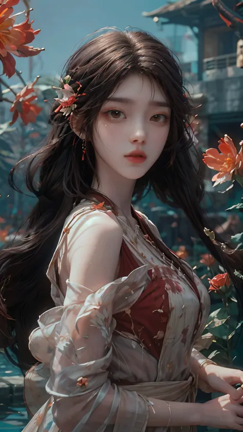 1 girl,fashion clothing,huge flowers,delicate stamen,the delicate facial features,flying petals,surrounded by flowers,dark red a...