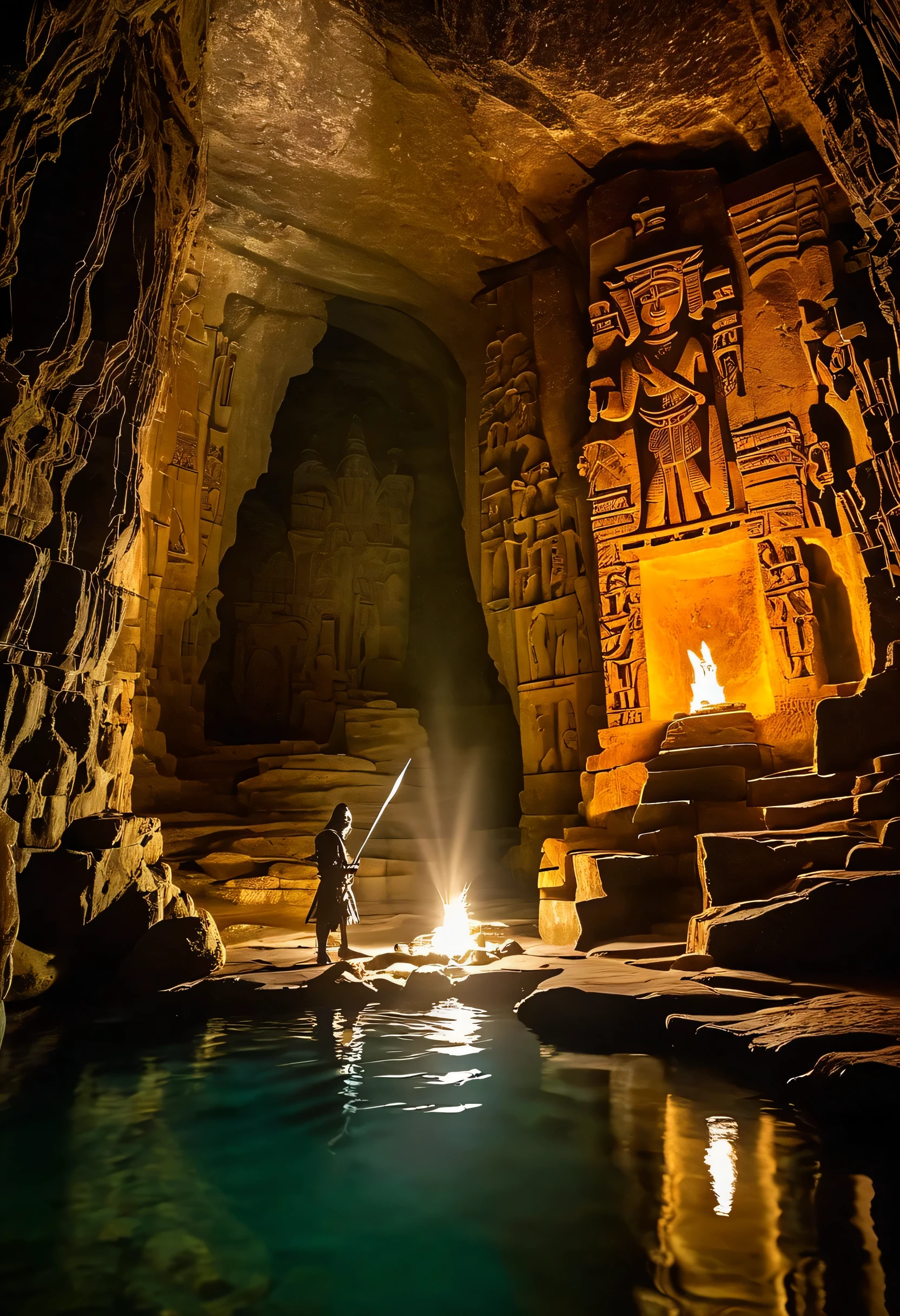 show me an image of a knight in a cave filled with shallows pools. The only light in the image comes from a torch the knight is holding. In front of the knight is an ancient and weathering stone carving depicting two Incan goddesses locked in battle. Epic fantasy.