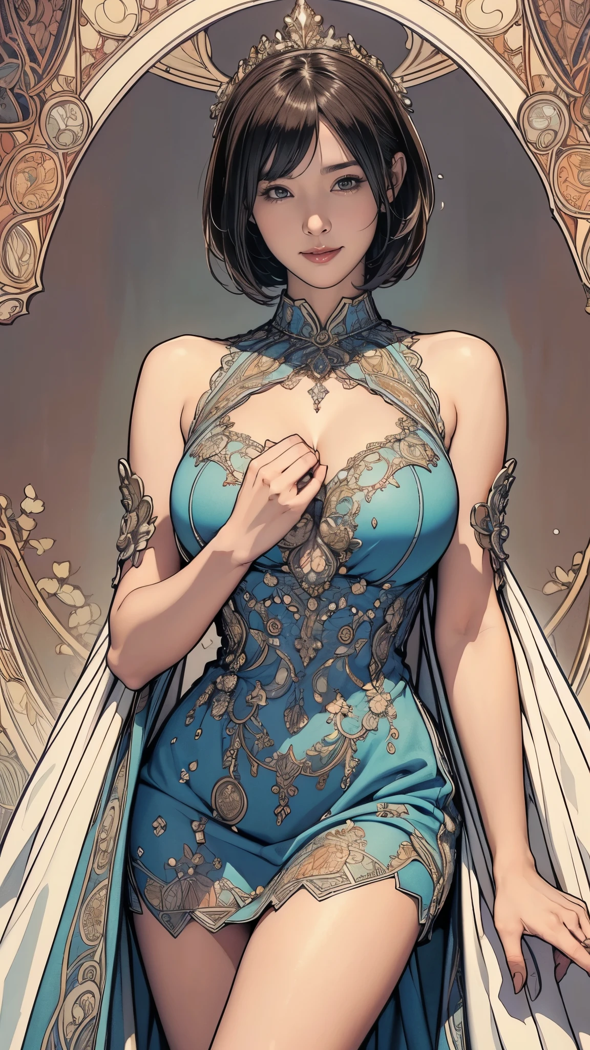 (masterpiece),(highest quality),(Very detailed),(High resolution),8k,wallpaper,soft-edged,1 girl,The goddess of sexuality is praying,Short Bob,Big Breasts,front,Looking at me,Sexy smile,((Vulgar dresses:1.5)),Intricate Mucha-inspired designs and patterns