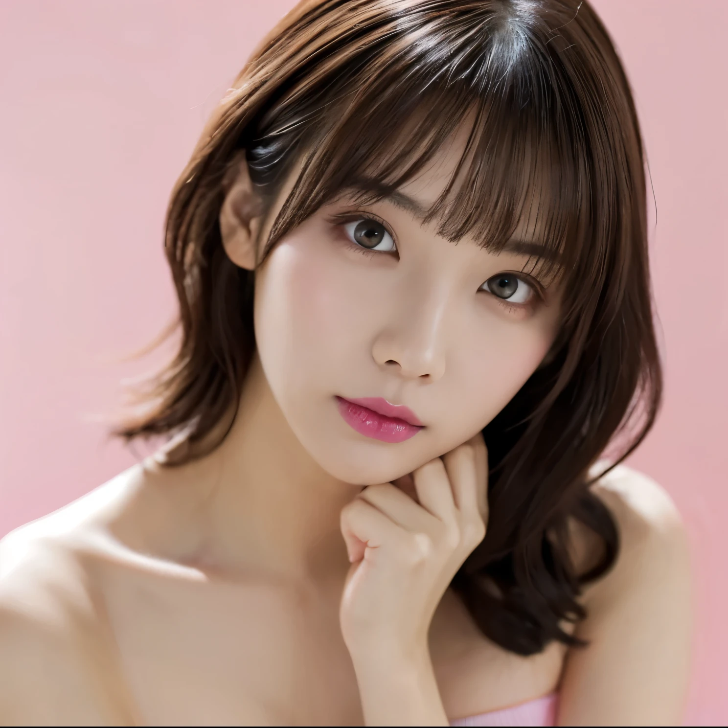 1 girl, ((Wearing pink make-up:1.4))、(Wearing a strapless micro bikini:1.5), Very beautiful Japanese idol portraits, 
(RAW Photos, highest quality), (Realistic, Realistic:1.4), (masterpiece), 
Very delicate and beautiful, Very detailed, 2k wallpaper, wonderful, finely, Very detailed CG Unity 8K 壁紙, Very detailed, High resolution, Soft Light, 
Beautiful detailed girl, Very detailed目と顔, Beautiful and sophisticated nose, Big beautiful eyes, Cinema Lighting, 
(Simple light color background:1.3),
(Medium Hair), (Parted bangs), 
Complete Anatomy, Slender body,Big Breasts, Sensual look