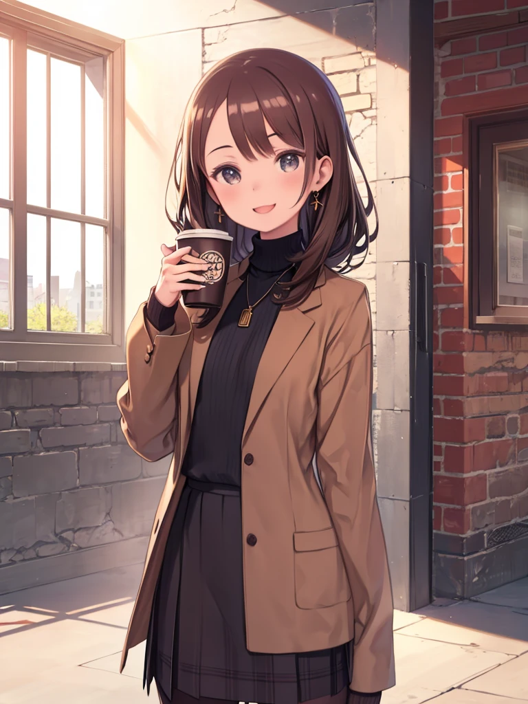 masterpiece, (detailed, High resolution, highest quality), One girl, 3 Rustarios, Earrings, necklace, Turtleneck sweater, Brown jacket, Checked skirt, brick wall, building, coffee, coffee cup, cup, disposable cup, wall, window, ;d, Show your hand, View Viewer, Close one eye, smile, alone, good