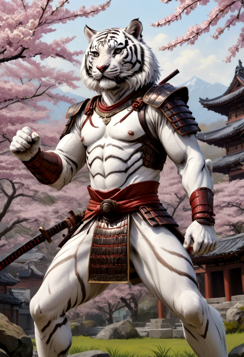 ((obra maestra)), (mejor calidad), (cinematográfico),(Dibujo muy preciso en cada detalle.)(representación extremadamente precisa)Completo_cuerpo_disparo, un impresionante tigre blanco(tigre siberiano blanco) con un pelaje parcialmente más largo vestido como un samurái con una antigua armadura de placas de samurái roja con casco de samurái y katana y nodachi se pone en pose de lucha frente al templo con flores de cerezo. El paisaje es absurdo pero inspirador.. líneas de alta calidad,fondo liso,1 dibujo lineal,fondo plano de acuarela, Full cuerpo illustration