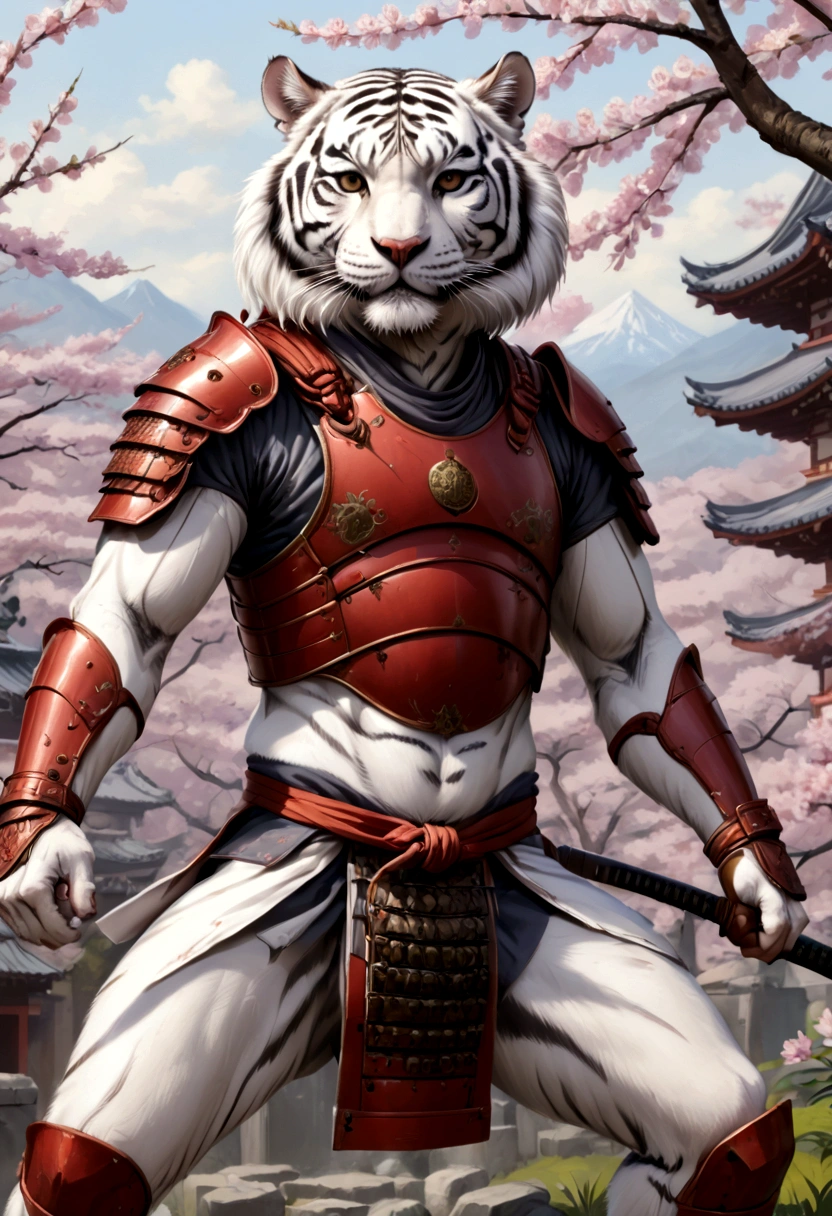 ((шедевр)), (Лучшее качество), (Кинематографический),(Высокоточный рисунок в каждой детали.)(чрезвычайно точное представление)полный_тело_выстрелил, потрясающий белый тигр(Белый сибирский тигр) с частично более длинным струящимся мехом, одетый как самурай в древние красные самурайские пластинчатые доспехи, самурайский шлем в шлеме и катана, и нодачи принимает боевую позу перед храмом с цветущей вишней. Пейзажи абсурдны, но внушают трепет. высококачественная линейная работа,Простой фон,1 линейный рисунок,плоский акварельный фон, Full тело illustration