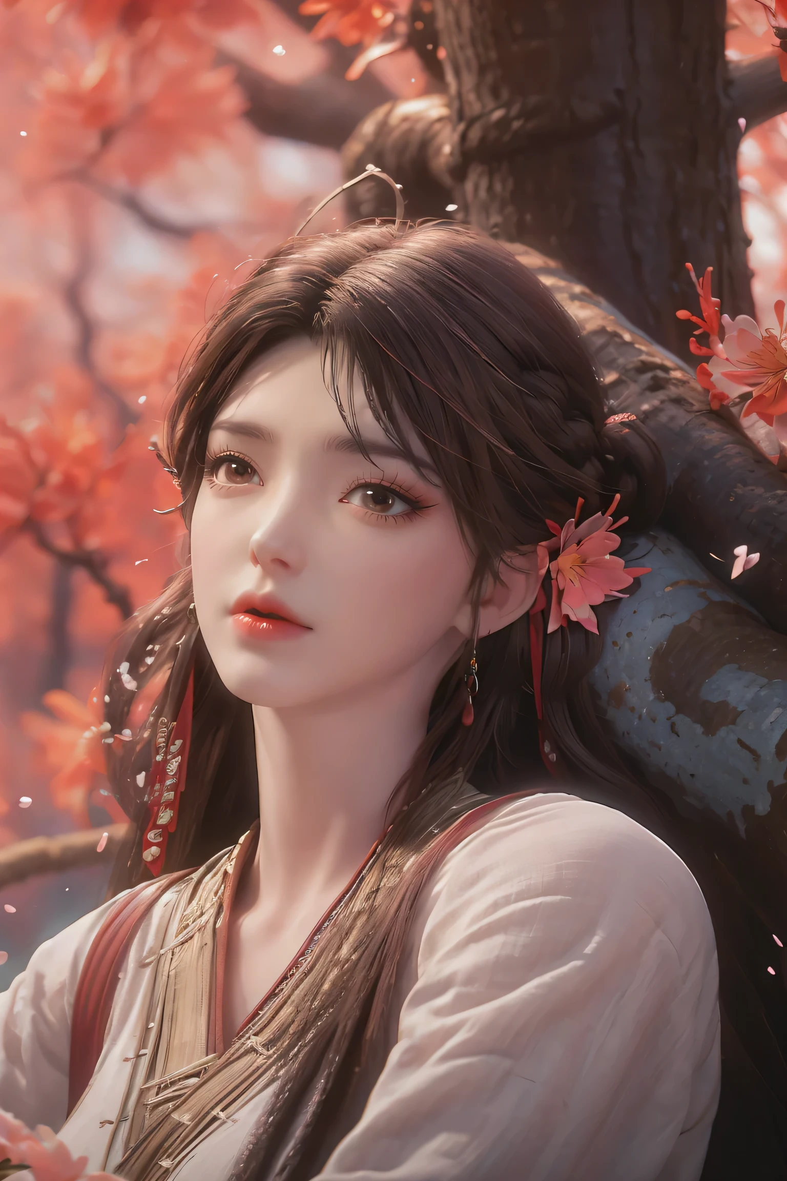 cherry blossoms, dappled sunlight, lake, best quality, masterpiece, illustration, realistic, photo-realistic, amazing, finely detail, incredibly absurdres, huge filesize, ultra-detailed, highres, extremely detailed CG unity 8k wallpaper, nsfw, cowboy shot, eyelashes, seductive smile, sexually suggestive, excited, A beautiful young woman with Korean-style facial features resembling a popular actress.