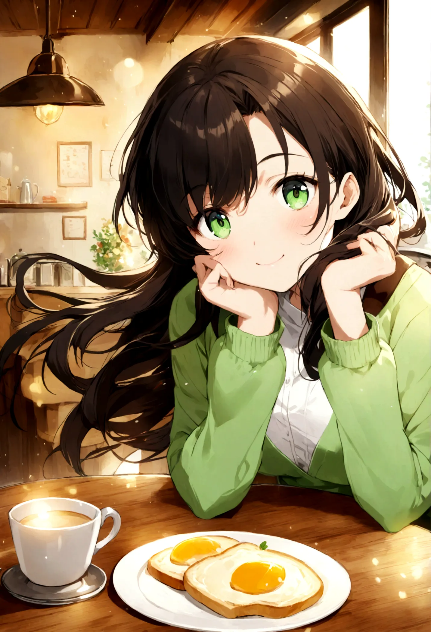 a beautiful anime-style girl with long dark hair and big green eyes is sitting in a cozy café. she is wearing a light green card...