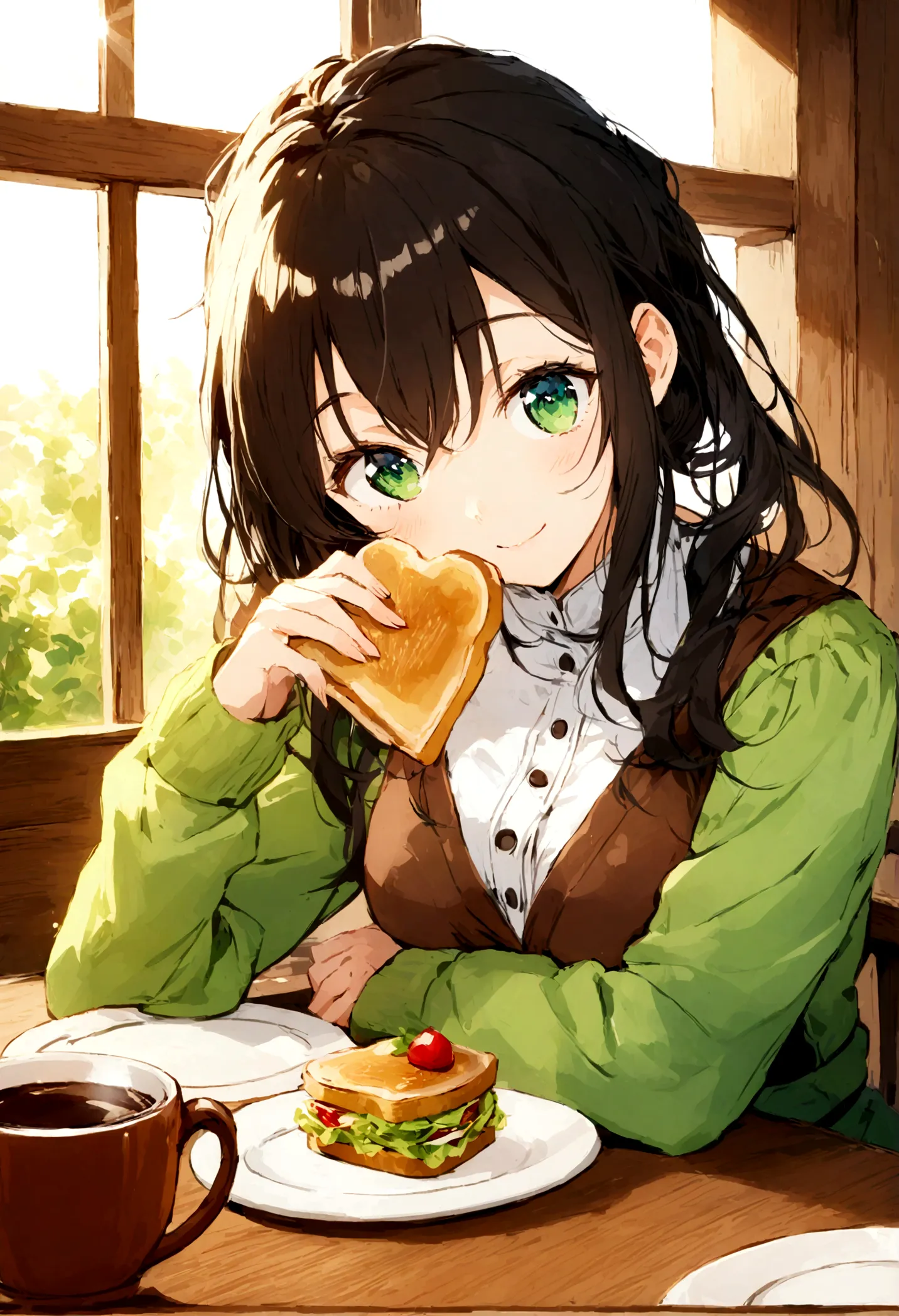 a beautiful anime-style girl with long dark hair and big green eyes is sitting in a cozy café. she is wearing a light green card...