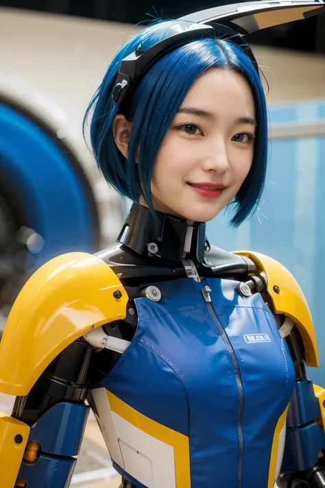 mechanical, mecha, 1girl, solo, short hair, sci-fi, smile, blue hair, (headgear:1), technical background,