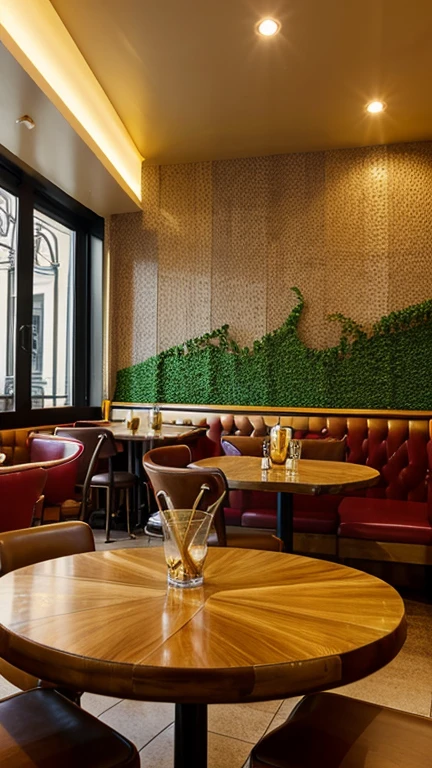 The interior of a café, with tables, chairs and decorative elements intermingling in a colorful swirl of golden highlights.