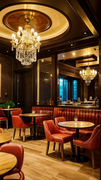 The interior of a café, with tables, chairs and decorative elements intermingling in a colorful swirl of golden highlights.