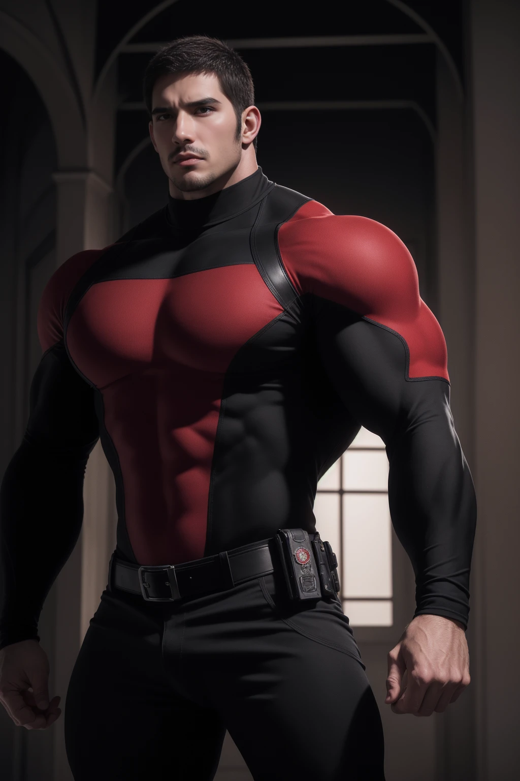 Super muscular man,  Open mouth and scream，Buzz Cut，In a luxurious and noble mansion, Wear a long-sleeved red and black collar tights, Thickened warm elastic texture，The expression is arrogant, High collar long sleeve red and black turtleneck tights, very tight, Regular symmetrical pattern, Highlight muscles, Police uniform pants, Thick thighs，character concept（Resident Evil - Chris Redfield, Chris Redfield）A proud expression, Deep and charming eyes, Heroic male pose, tall Burly, muscular！muscular thighs, tough guy, perfect facial features, High, Burly, Heqiang, Super polished and cool, High Resolution Committee, Charismatic, The sun shines through the customers