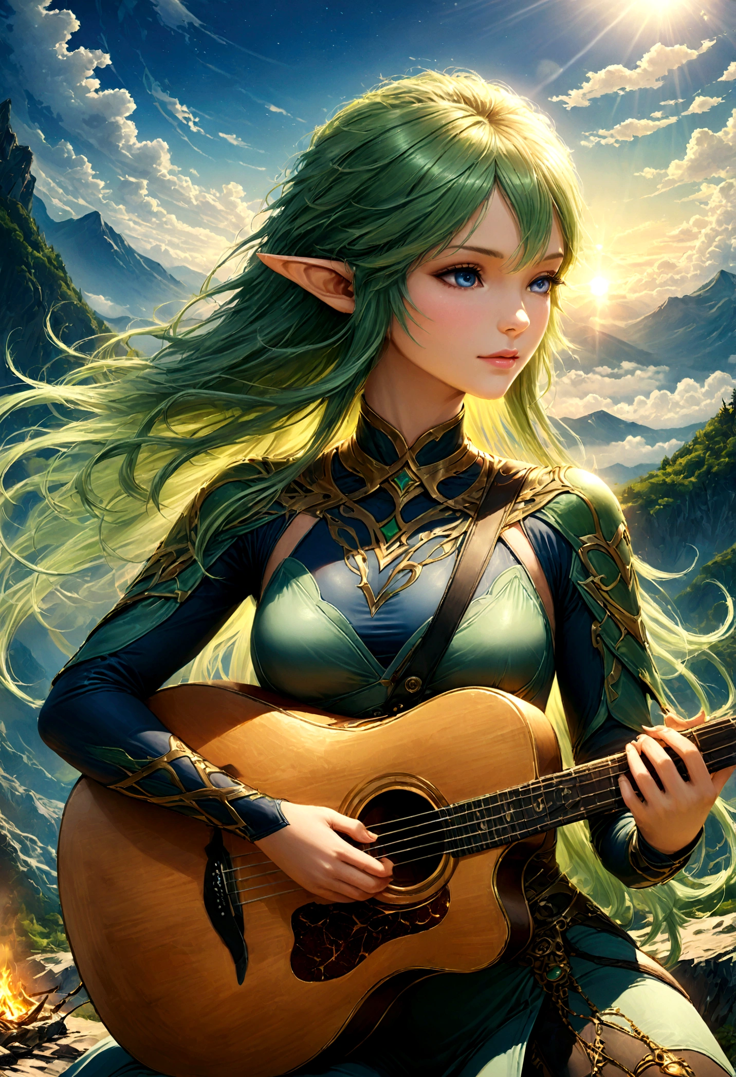 fantasy art, RPG art, a female elf playing aether guitar, she sits on the top of the mountain at night, exquisite beautiful female elf, (green hair: 1.4), long hair, (blue eyes: 1.30, wearing dynamic clothing, playing aether guitar aetherpunkai, near a camp fire, on top of a fantasy mountain ,moon, stars, clouds, god rays, soft natural light, dynamic angle, photorealism, panoramic view, ultra best realistic, best details, 16k, [ultra detailed], masterpiece, best quality, (extremely detailed), photorealism,