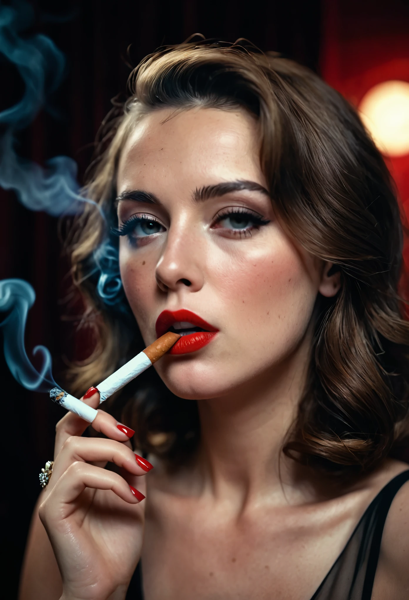 cinematic film still score_9, score_8_up, score_7_up, dramatic lighting, (realistic:1.3), (light freckles:0.4), medium shot anya woman smoking a cigarette, red lipstick, lips on cigarette, pucker, smoke, close up, red nail polish . shallow depth of field, vignette, highly detailed, high budget, bokeh, cinemascope, moody, epic, gorgeous, film grain, grainy